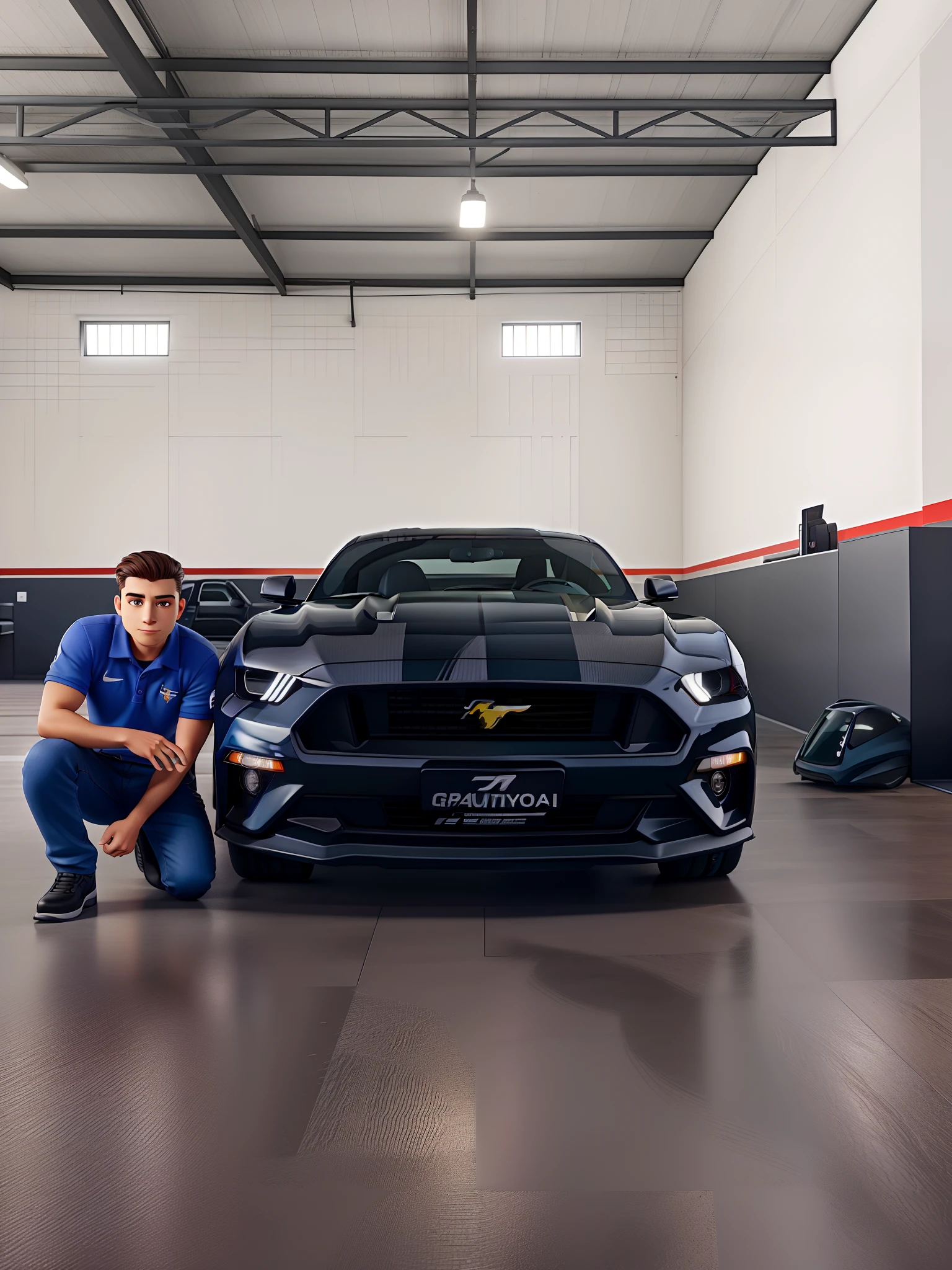 Automotive Aesthetics Company, com Mustang GT na cor cinza, empresa grande, Beautiful façade to show the services