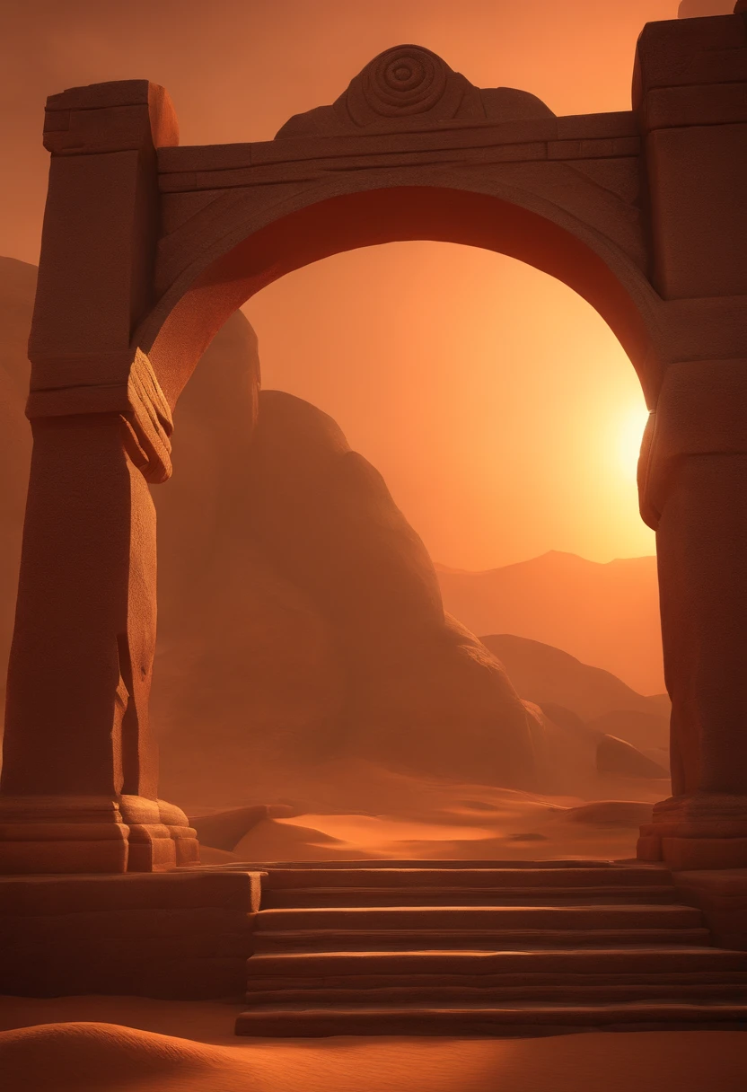 Landscape, terra arrasada, Terra Vermelha, dimensional gate, demonic energy, portal (objeto), giant arch with statues, particuls, deserto, Noite, Estrelas, Volumetric lighting, best quality, master part, Handpainted textures, detalhes intrincados, Realistic, WRCFT