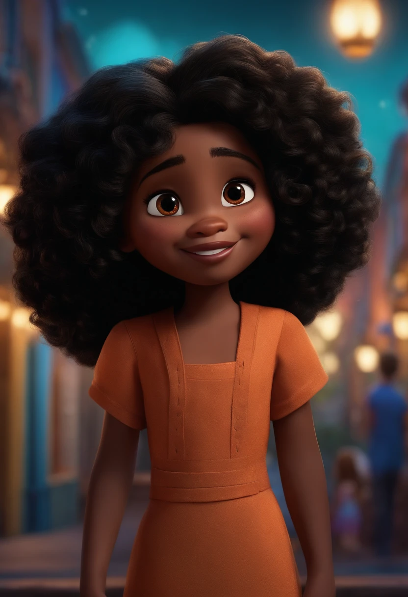 Um filme inspirado na Disney Pixar (MENINA NEGRA JOVEM COM CABELO curto CACHEADO PRETO,nariz fino,olhos pequenos) dentro A cena estar na arte distinta do estilo PIXAR, descolada e estilosa