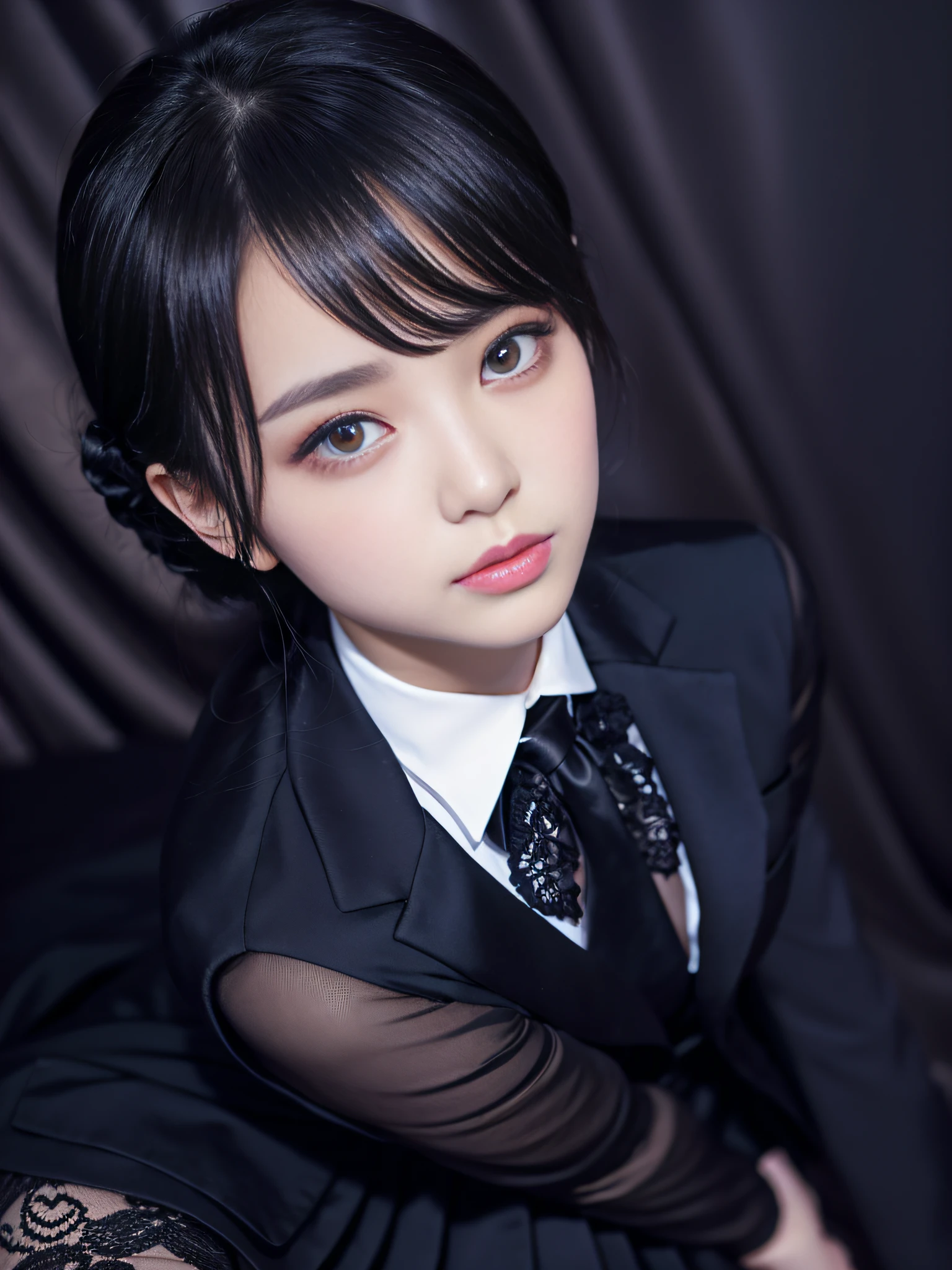 Charming beauties、Suit jacket、Black pleated skirt、beauty legs、Dyed in darkness、lacy fabric、Brainwashing makeup、brainwashed、thighband pantyhose、Hollow eyes