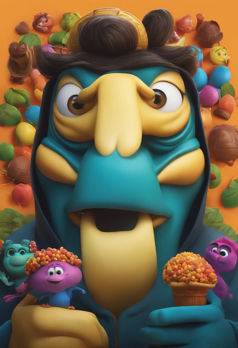 Criar um personagem no estilo pixar. personagem gordinho. analista de sistemas. macbook.