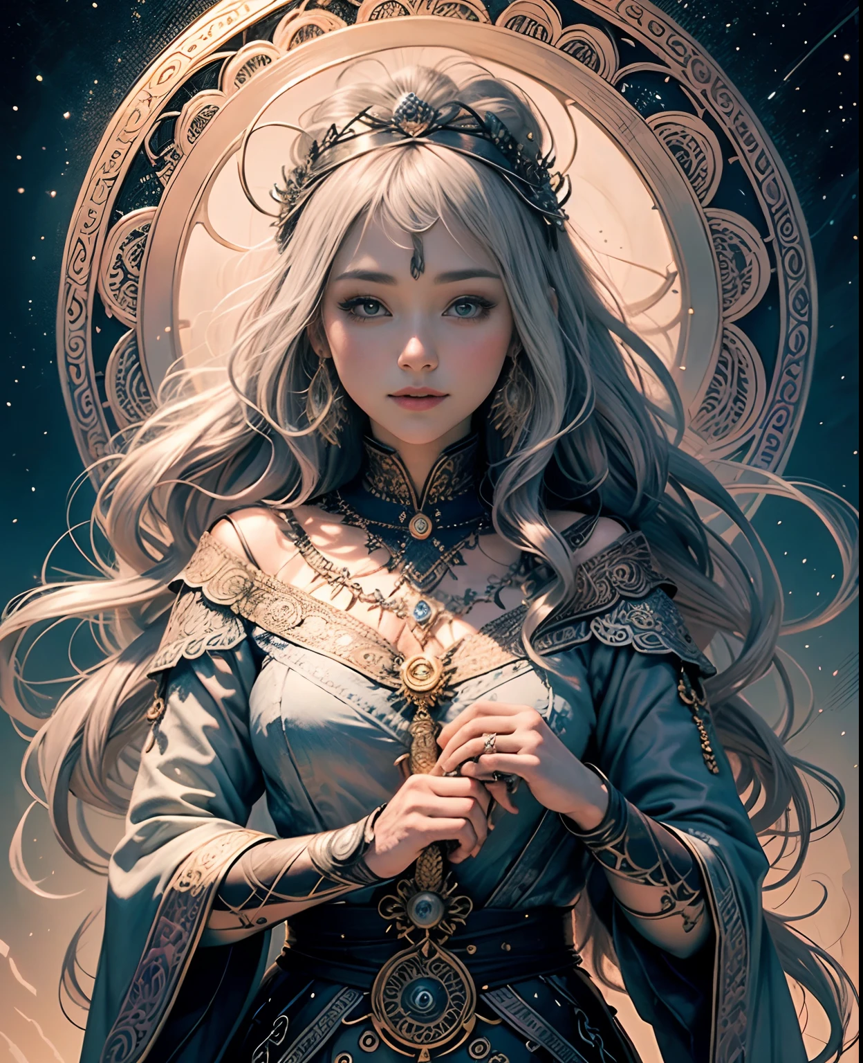 official art, 8k unit wallpaper, ultra detailed, beautiful and aesthetic, high quality, beautiful, masterpiece, best quality (zentangle, mandala, tangled, tangled: 0.6), a young goddess in her 20s, long silver hair, sun goddess,