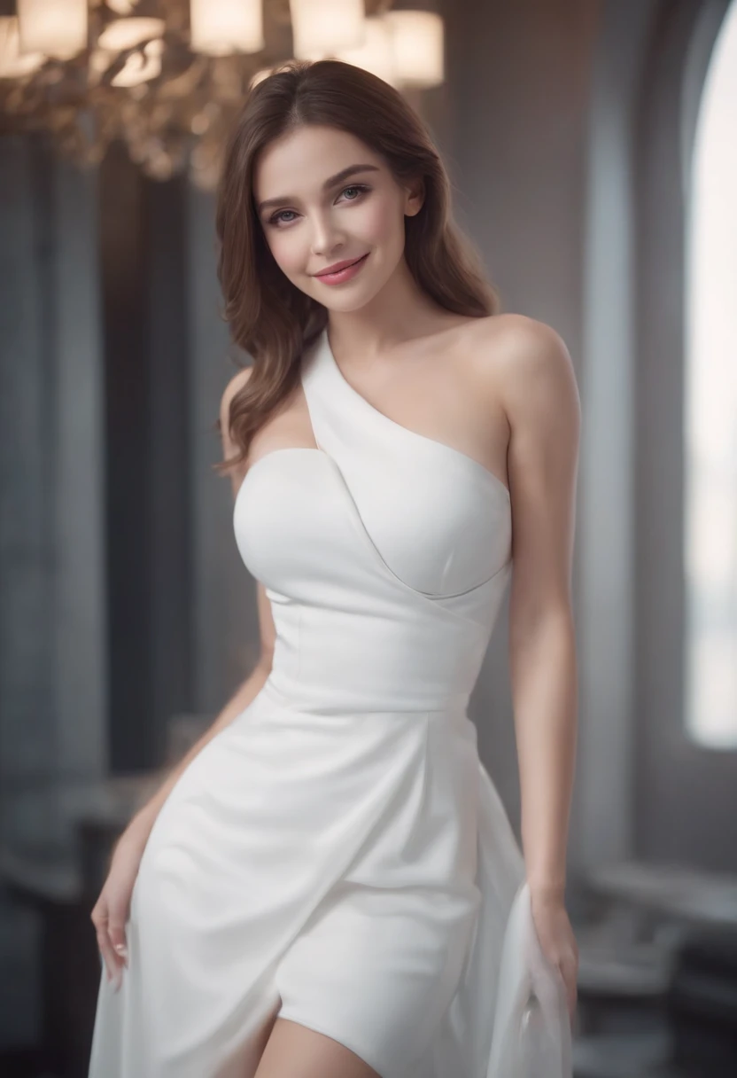 (masterpiece) Girl, sexy, big breast, futuristic clothes, dress, white, smiling