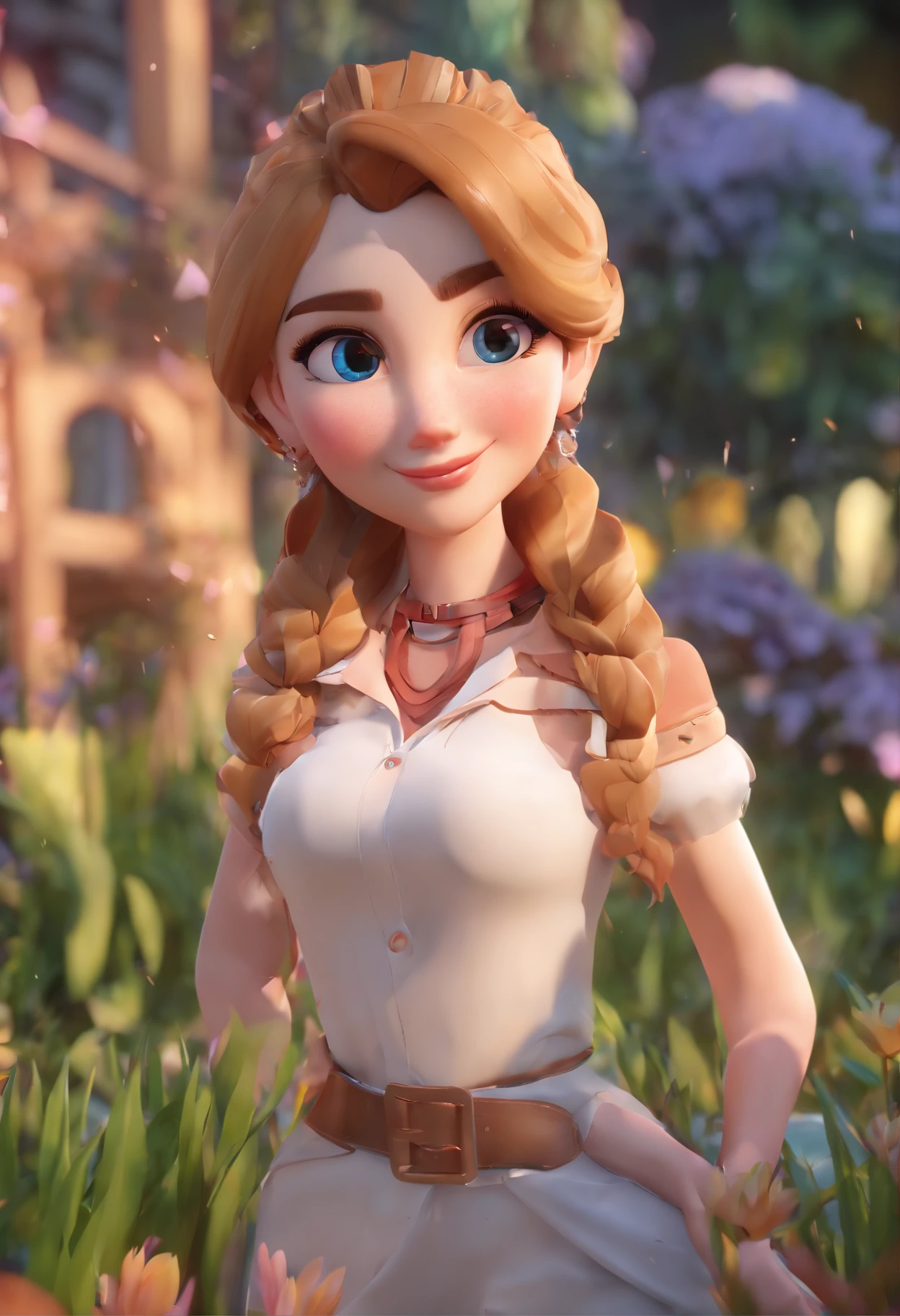 best quality, masterpiece, photorealistic, extremely detailed CG unity 8k wallpaper, chibi,1girl, elsa,solo, full_body, smile, looking_at_viewer, outdoors,