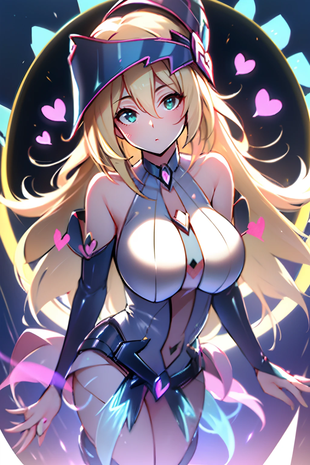 (Obra maestra:1.2), (La mejor calidad:1.2), Perfect lighting, Chica Maga Oscura, touching her and making a heart with her fingers, flotando en el aire, tetas grandes, escote, fondo de magia. Ella sale de un Portal magico1.1.
