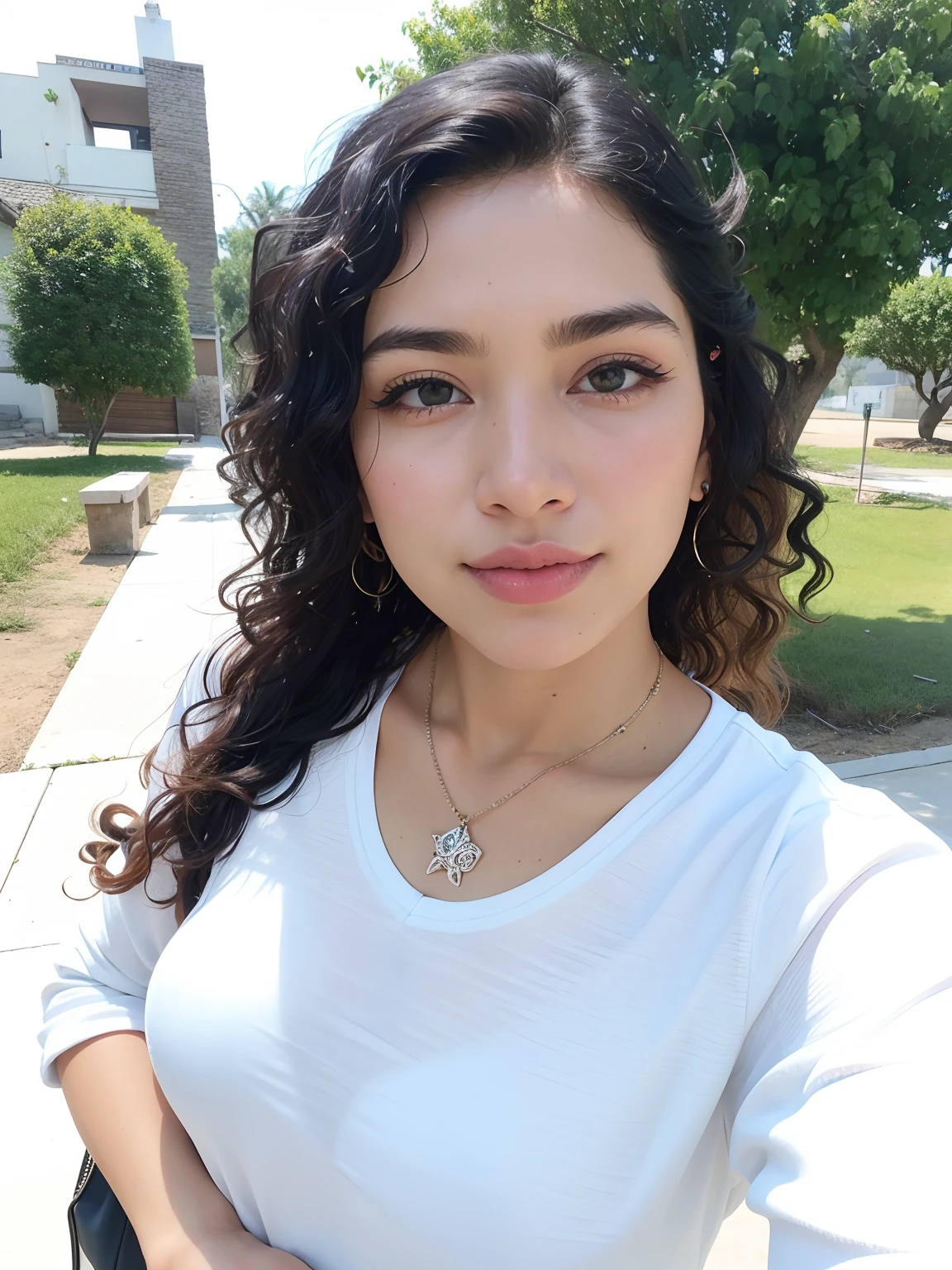 Mujer con el pelo rizado y una camisa blanca posando para una foto, alanis guillen, selfie de una mujer joven, lorena avarez, inspired by Gina Pellón, Karla Ortiz, inspired by Verónica Ruiz de Velasco, 8k selfie photograph, Foto de perfil de la foto de cabeza, Hermosa mujer mexicana, around 1 9 years old