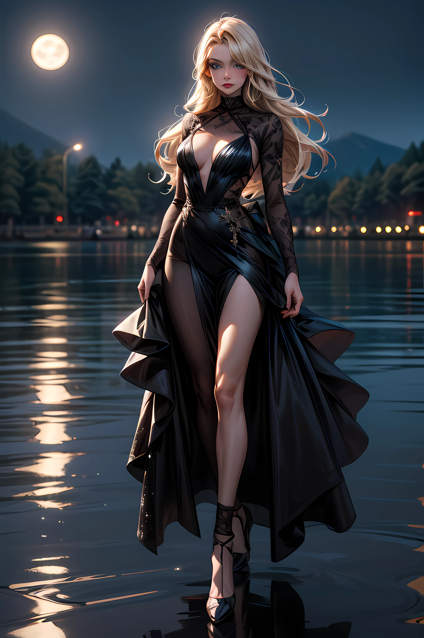 an award winning photoshoot, picture of an extremally beautiful woman model walking on a fashion the (wood catwalk on the runway of a famous fashion show: 1.1) floats on a lake at night, a very beautiful woman, elite Beauty model, long hair, blond hair, green eyes, wearing elegant Haut Couture dress, black dress, wearing high heels, the model's (Catwalk on the runway of a famous fashion show) floats on a lake at night, the model being reflected in the lake, its night time, moon light, reflections, high detail, award winning, best quality, UHD, 16K, rendering, high details, best quality, highres, scenery , ultra wide angle