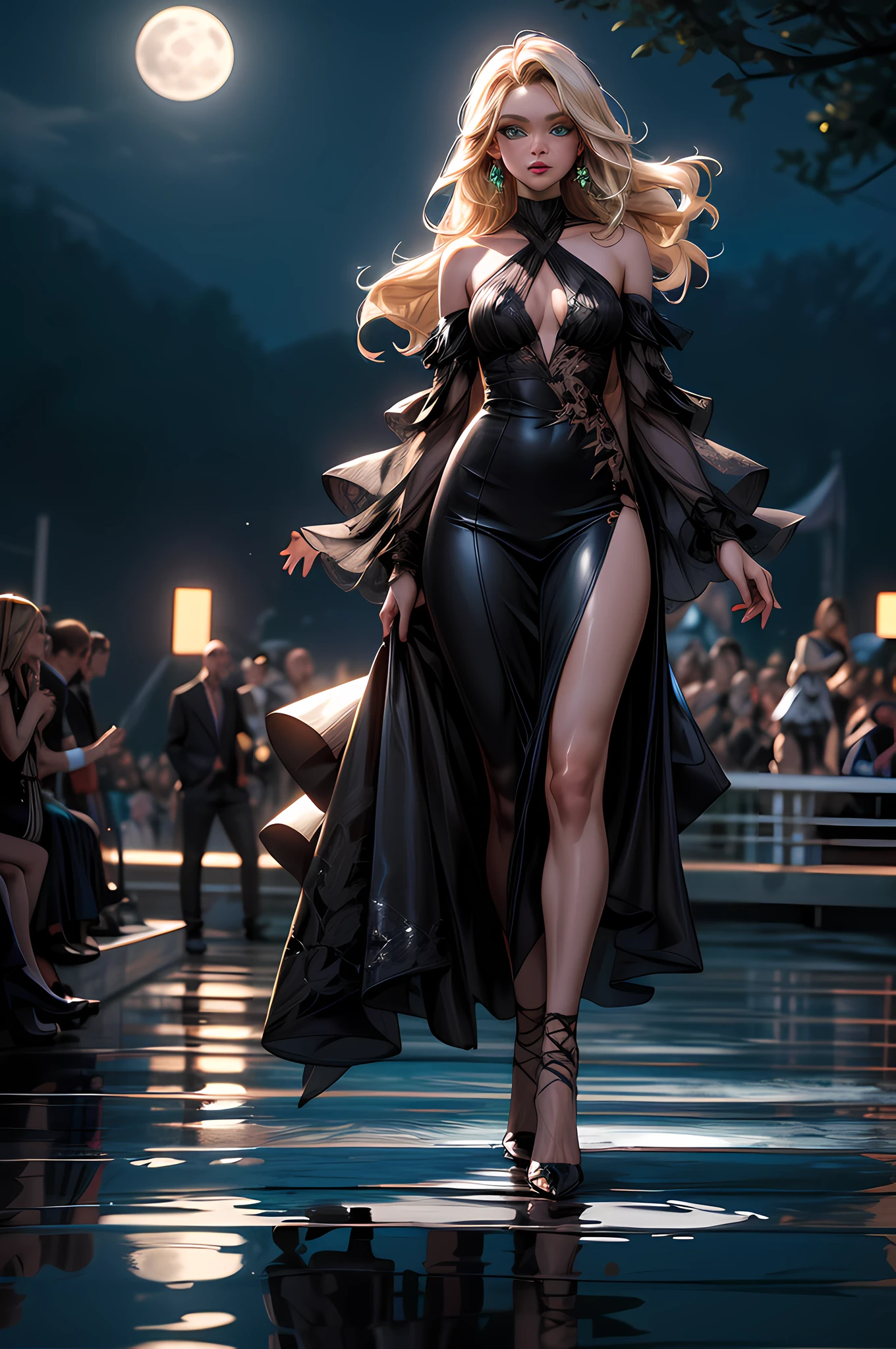 an award winning photoshoot, picture of an extremally beautiful woman model walking on a fashion the (wood catwalk on the runway of a famous fashion show: 1.1) floats on a lake at night, a very beautiful woman, elite Beauty model, long hair, blond hair, green eyes, wearing elegant Haut Couture dress, black dress, wearing high heels, the model's (Catwalk on the runway of a famous fashion show) floats on a lake at night, the model being reflected in the lake, its night time, moon light, reflections, high detail, award winning, best quality, UHD, 16K, rendering, high details, best quality, highres, scenery , ultra wide angle