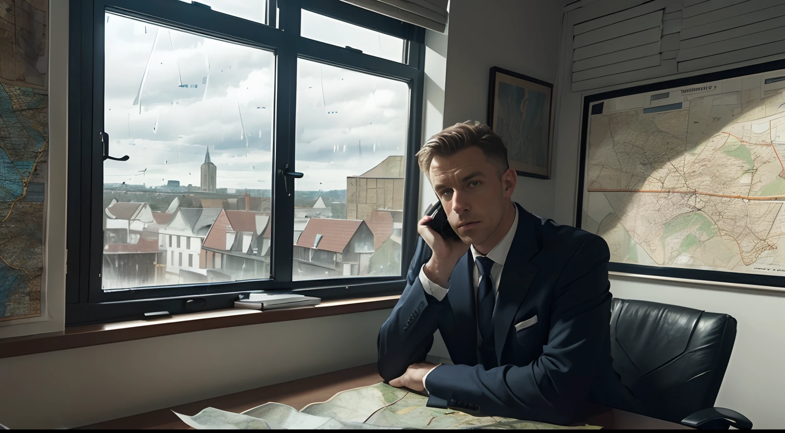 (((James Williams))) in his ((office looking out the window)) sees a ((rainy town)), uses the phone to call (Catherine Boorman), the image shows the notes and (((maps on the walls ))), which demonstrates the continuity of the investigation and how its evidence is interconnected.