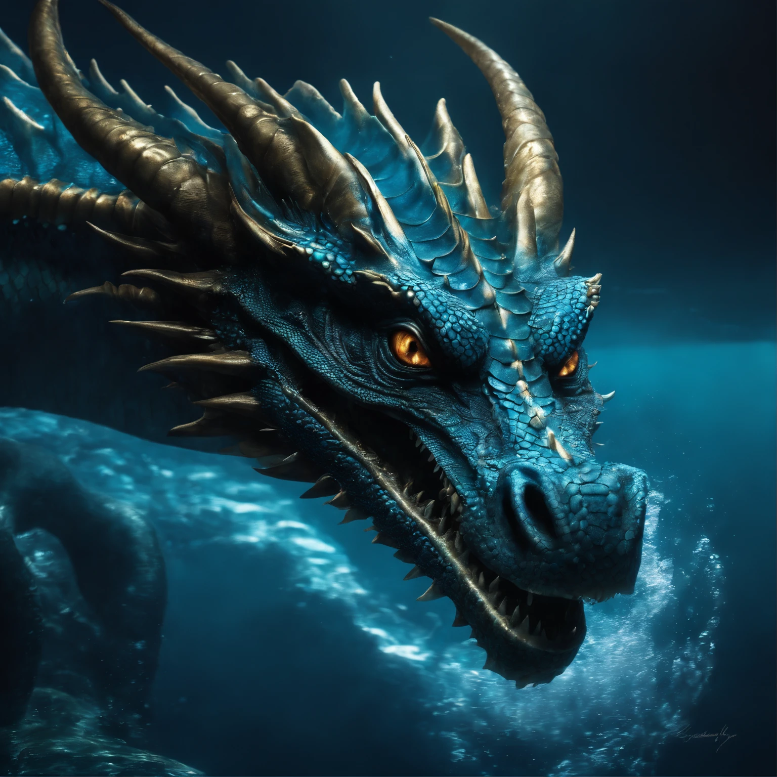 Une représentation saisissante d'un dragon aquatique, avec des écailles bleues et argentées étincelantes. Ses yeux perçants reflètent la lumière, tandis que ses nageoires ondulantes et sa queue effilée suggèrent une agilité remarquable dans l'eau.
