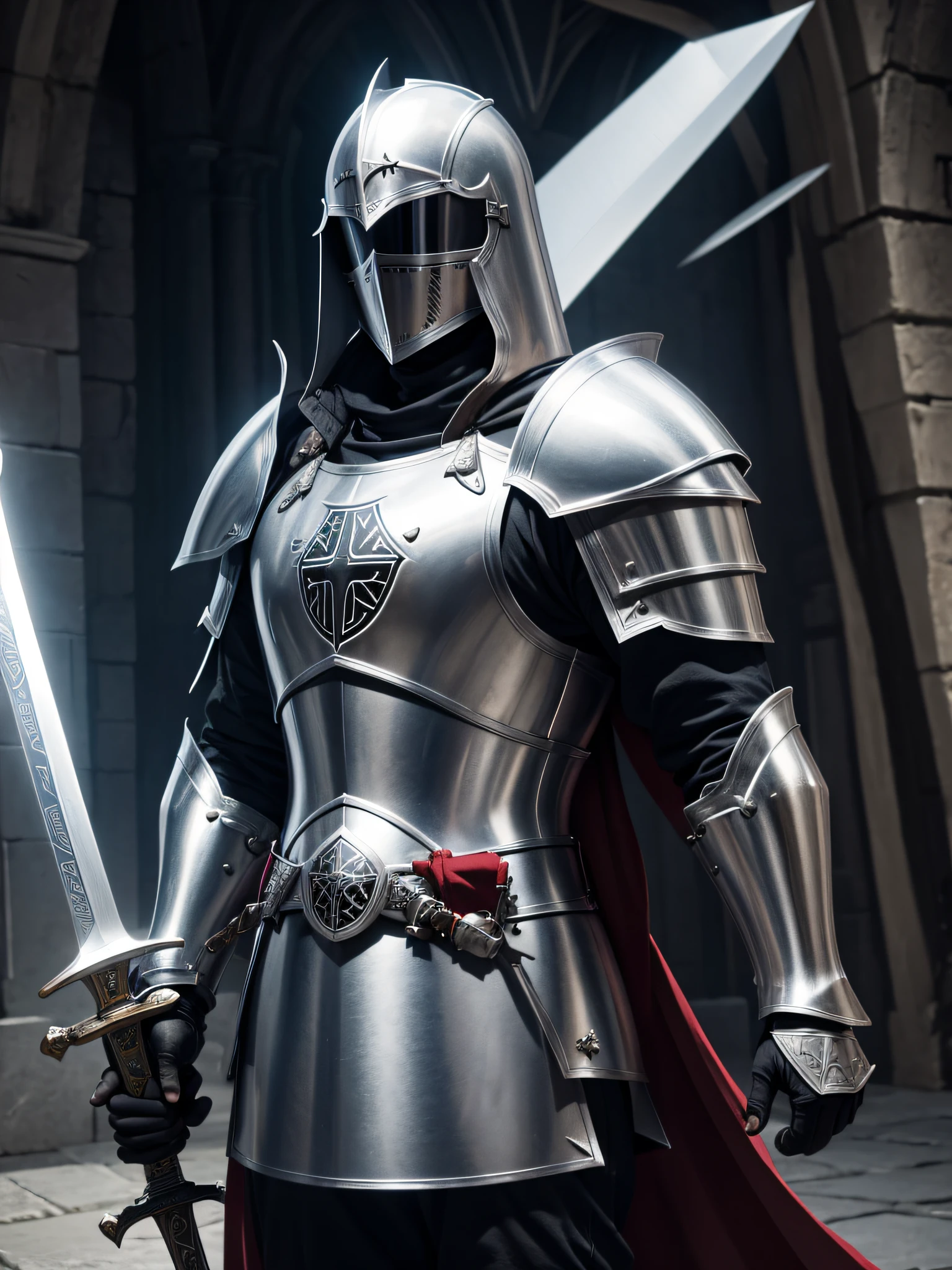 Knight Templar in full armor with sword and shield, highly detailed, 8k, Illumination globale, Grand angle, Rayons divins