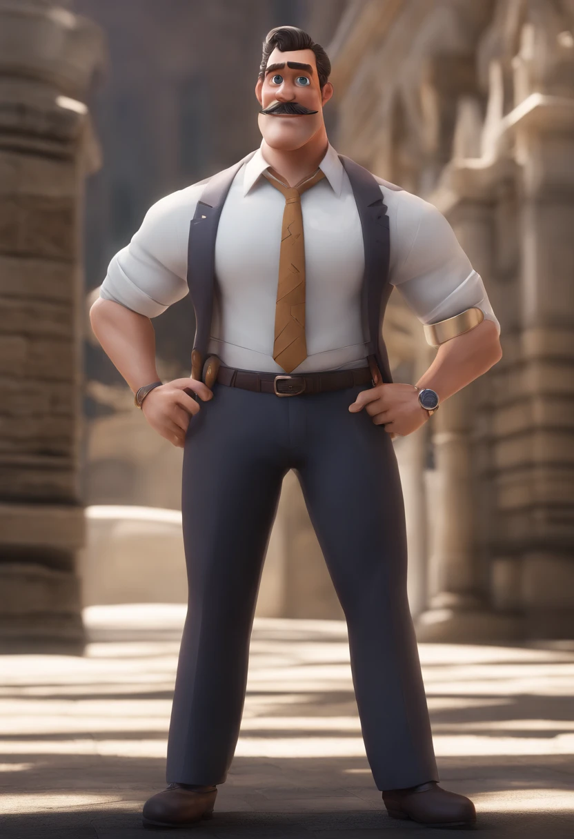 Um homem de 40 anos, com cabelos escuros curtos, face de diamante, olhar rigoroso, e olhos castanhos, de pele morena clara, com bigode com as pontas enrolados para cima, com uma barba baixa, e vestindo camisa branca com gravata. personagem dos desenhos animados, Caractere estilizado, animation style rendering, 3D estilizado, (Estilo Pixar) (master part:1.2) (Bokeh) (best quality) (pele detalhada) (textura detalhada) (8k) (argila) (Cinematic lighting) (foco nítido