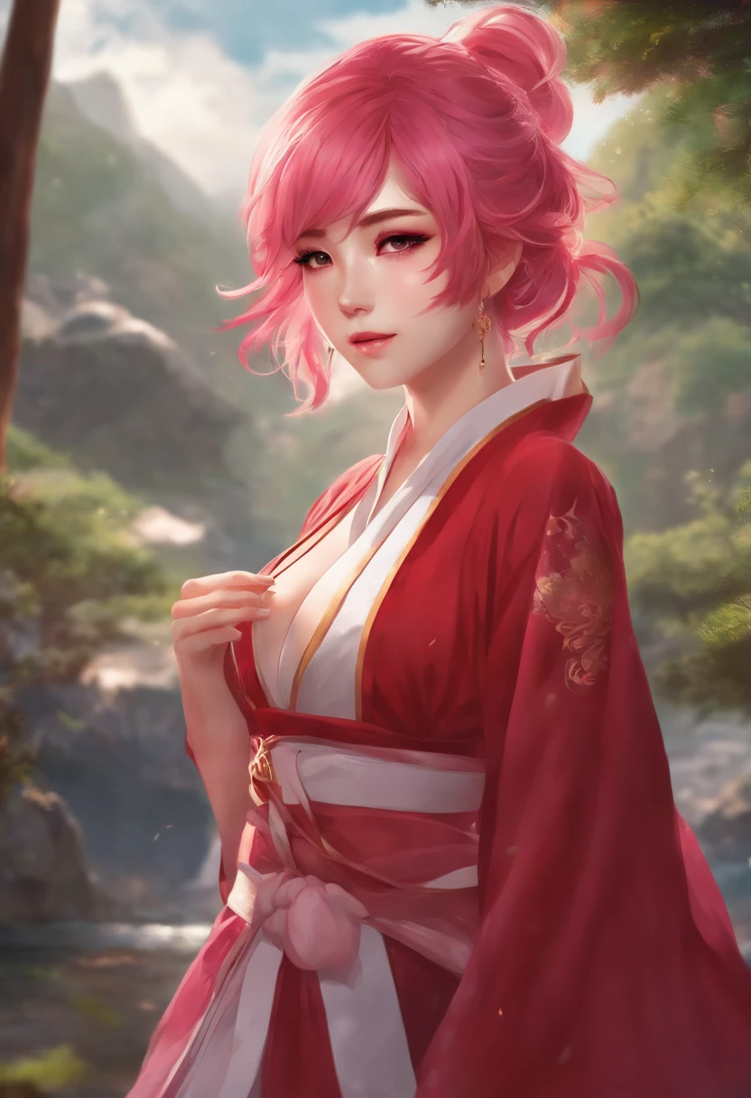 Anime cover Genshin style girl with pink hair and red robe\