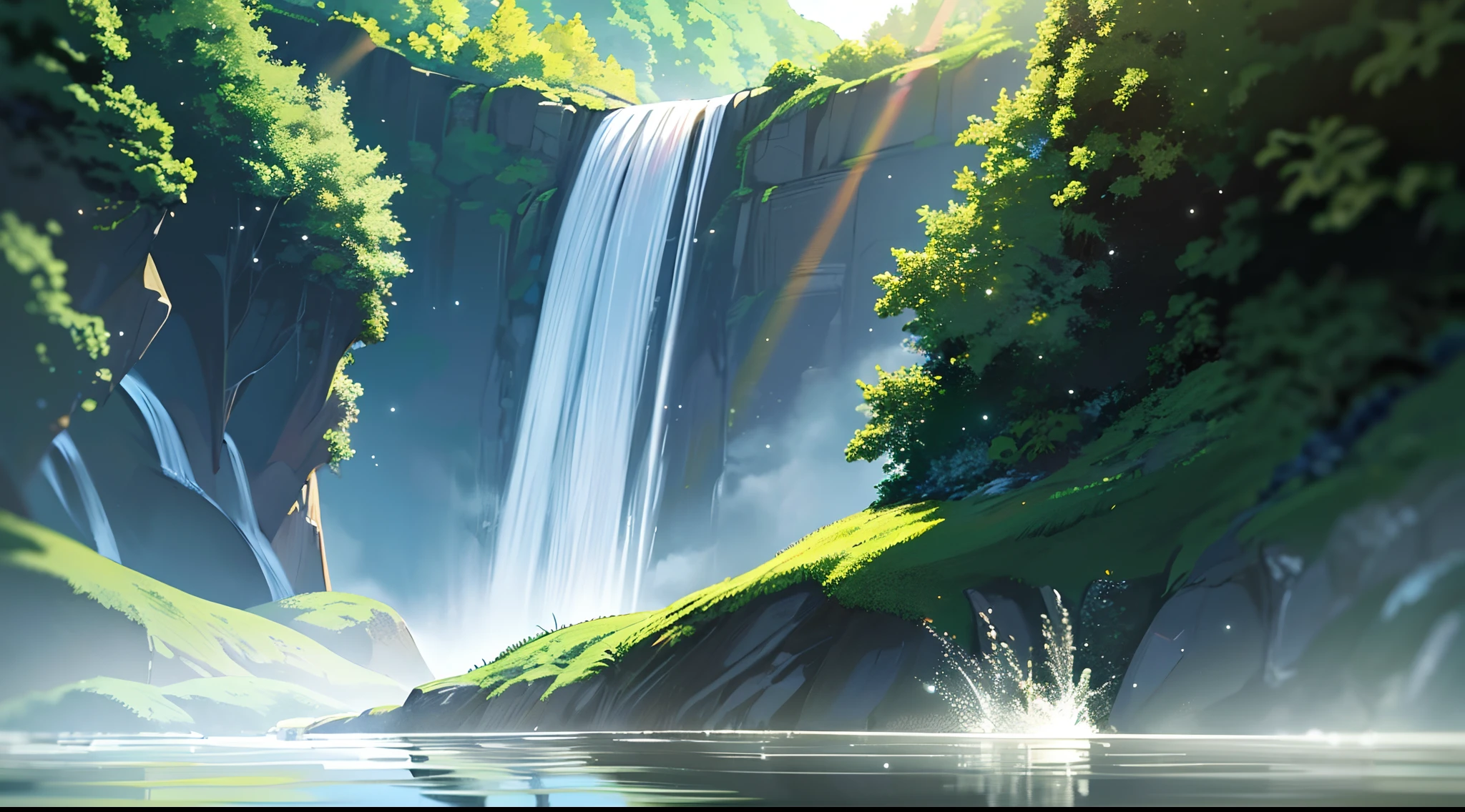A chaotic rushing waterfall in a serene beautiful landscape, ray tracing, detailed reflections, Intricate, High Detail, dramatic, best quality masterpiece, photorealistic, detailed, 8k, HDR, backlighting, bloom, light sparkles, chromatic aberration, sharp focus