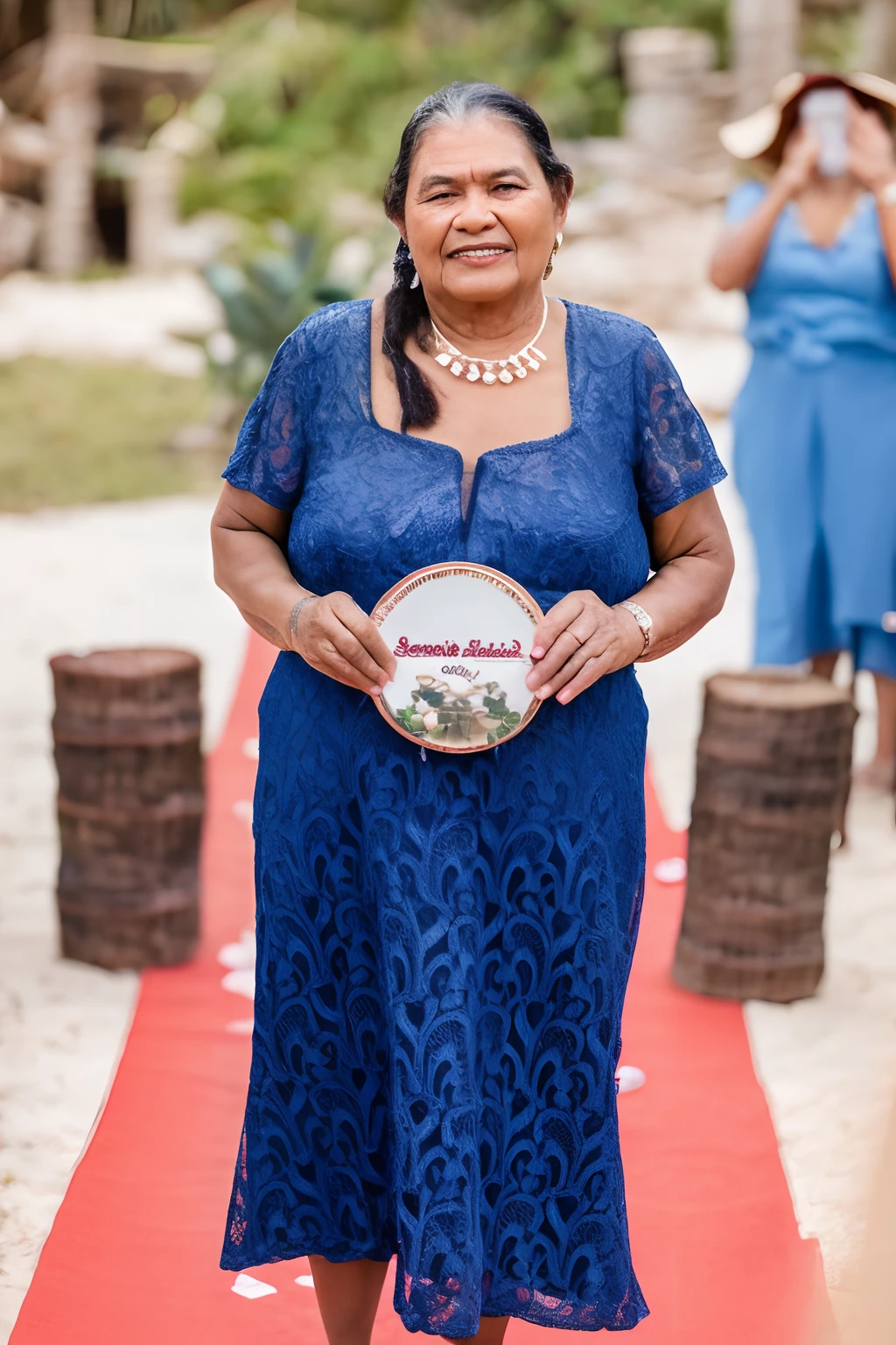 There's a woman standing in her 50s on a red carpet holding a hat, the oracle of the mayan elders, mulher deslumbrante, Fotografia tirada em 2 0 2 0, grandma, belos arredores, Retrato no meio da foto, veja os detalhes, Detalhe impressionante, also very detailed, 7 0 anos, 70 anos, carregando uma bandeja, linda senhora, Meio - tiro