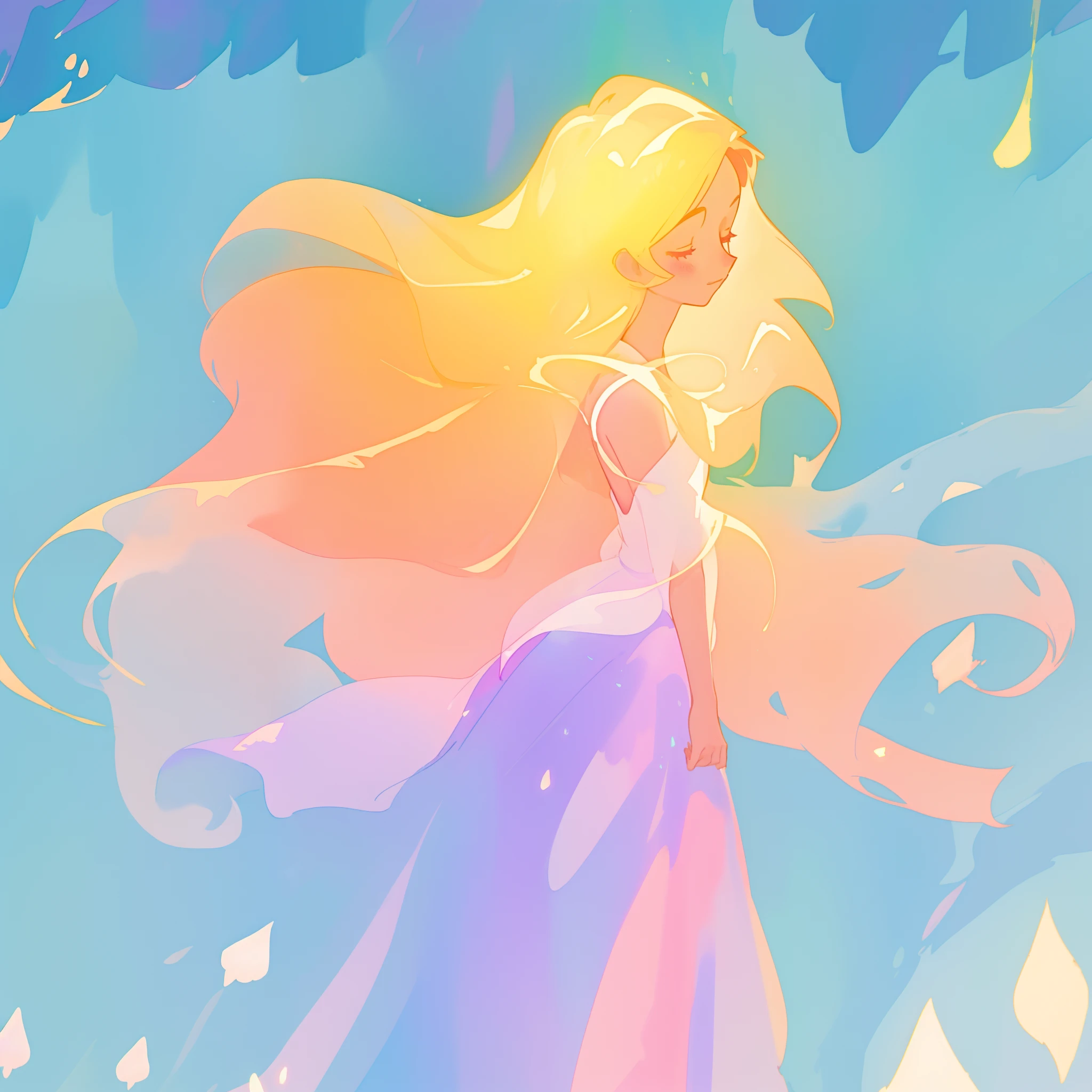 beautiful girl, long flowing gold and peach hair, pink and purple ballgown, blue otherworldly forest background, watercolor illustration, disney art style, glowing aura around her, flowing glowing hair, glowing flowing hair, fantasia otherworldly landscape, beautiful, masterpiece, best quality