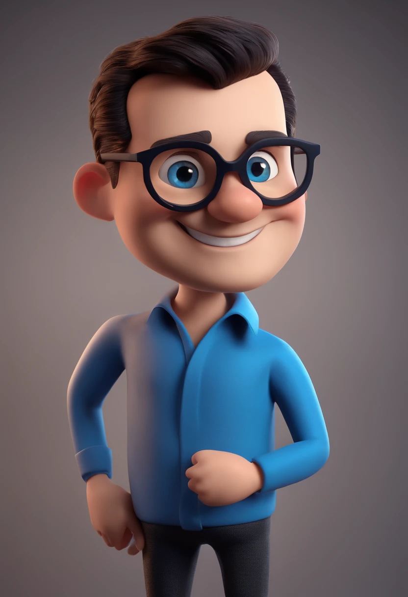 Cartoon character of a man with black glasses and a blue shirt, animation character, Caractere estilizado, animation style rendering, 3D estilizado, Arnold Maya render, 3 d render stylized, toon render keyshot, Personagem 3D, Personagem 3D, 3d rendering stylized, 3 d character render, personagem de desenho animado, Personagem de close up, Pose de personagem,  (Estilo Pixar) (master part:1.2) (Bokeh) (best quality) (pele detalhada) (textura detalhada) (8k) (argila) (Cinematic lighting) (foco nítido