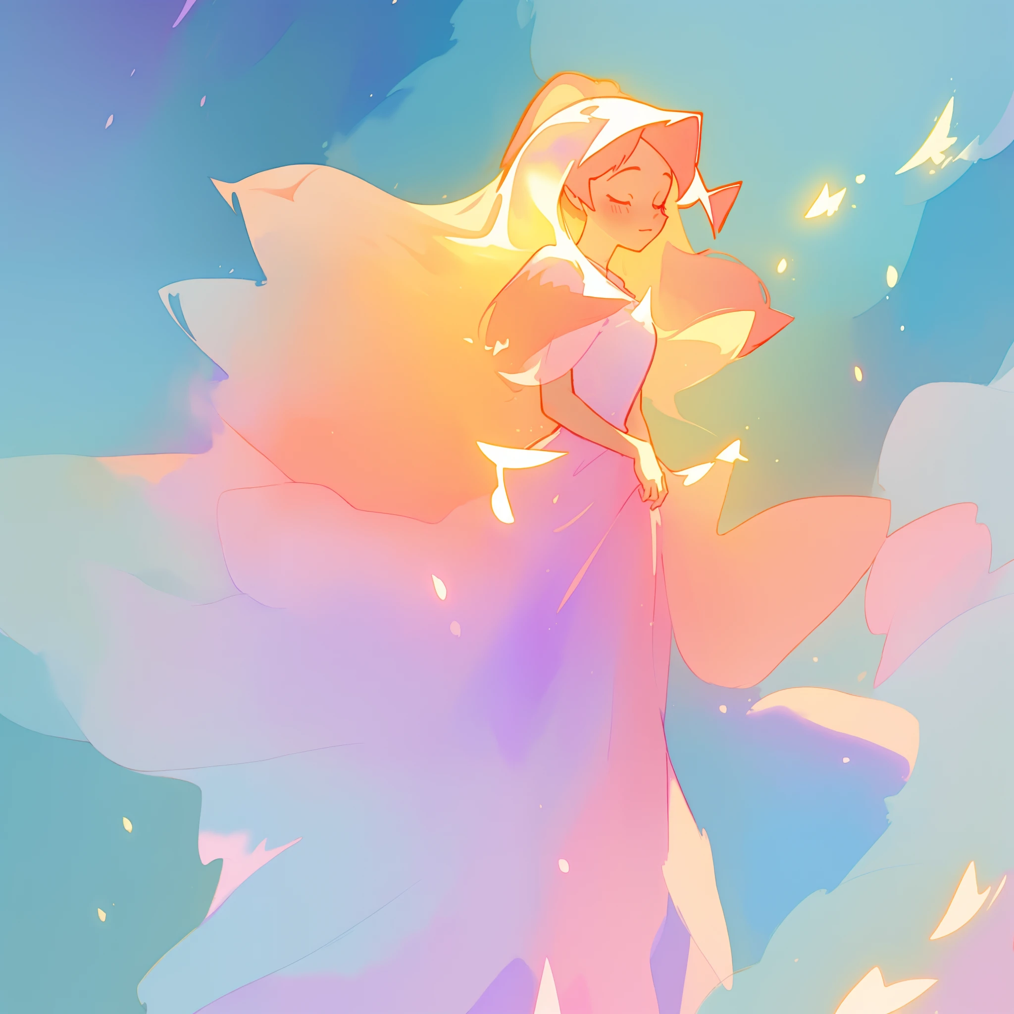 beautiful girl, long flowing gold and peach hair, pink and purple ballgown, blue otherworldly forest background, watercolor illustration, disney art style, glowing aura around her, flowing glowing hair, glowing flowing hair, fantasia otherworldly landscape, beautiful, masterpiece, best quality