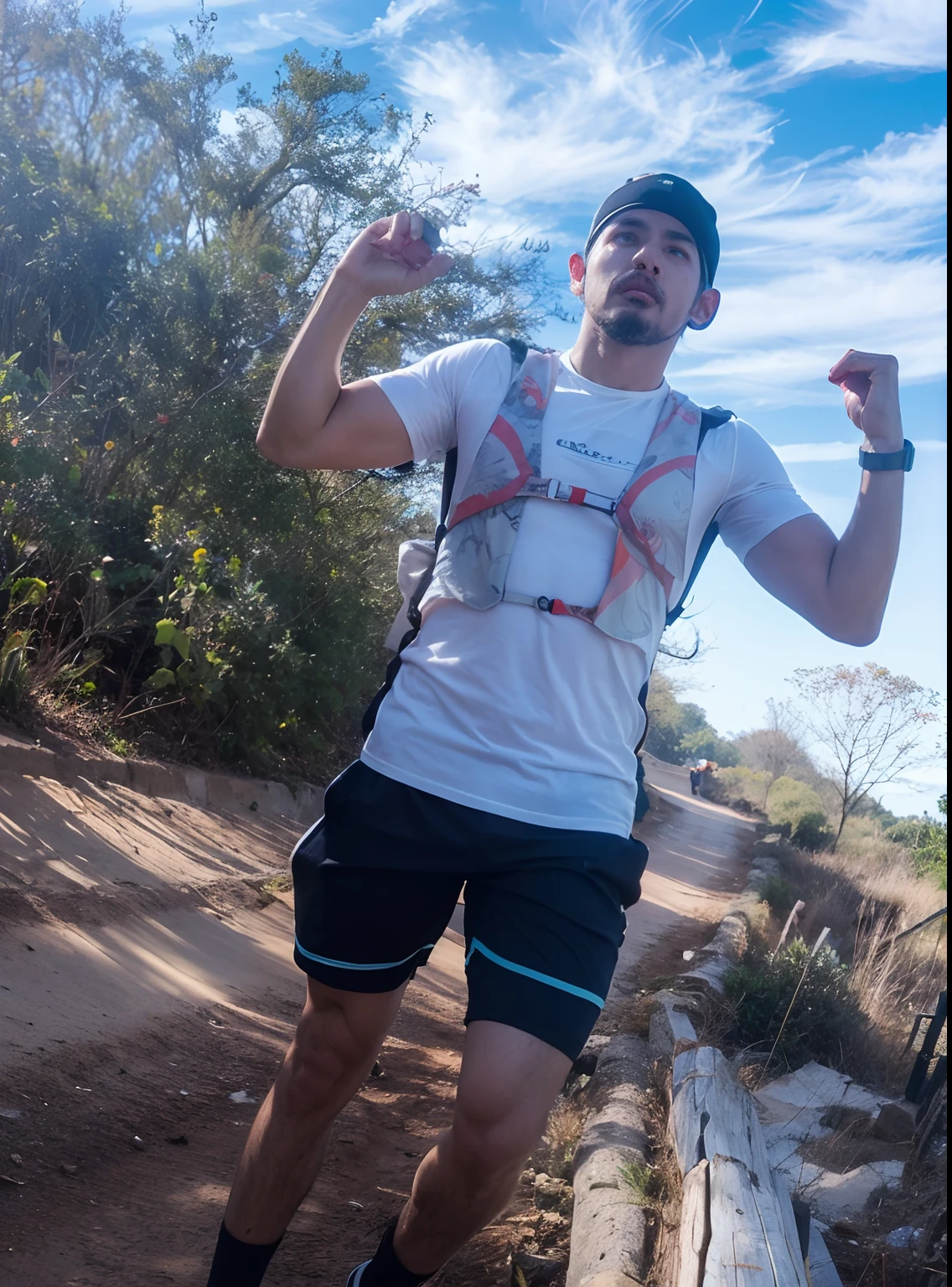 Homem de 30 anos correndo para se exercitar,rosto latino, bonnet,corpo forte,camisa branca,shorts preto,Caminhar em estradas de montanha,staring into the distance,Fundo cercado por montanhas,suar,Olhos firmes