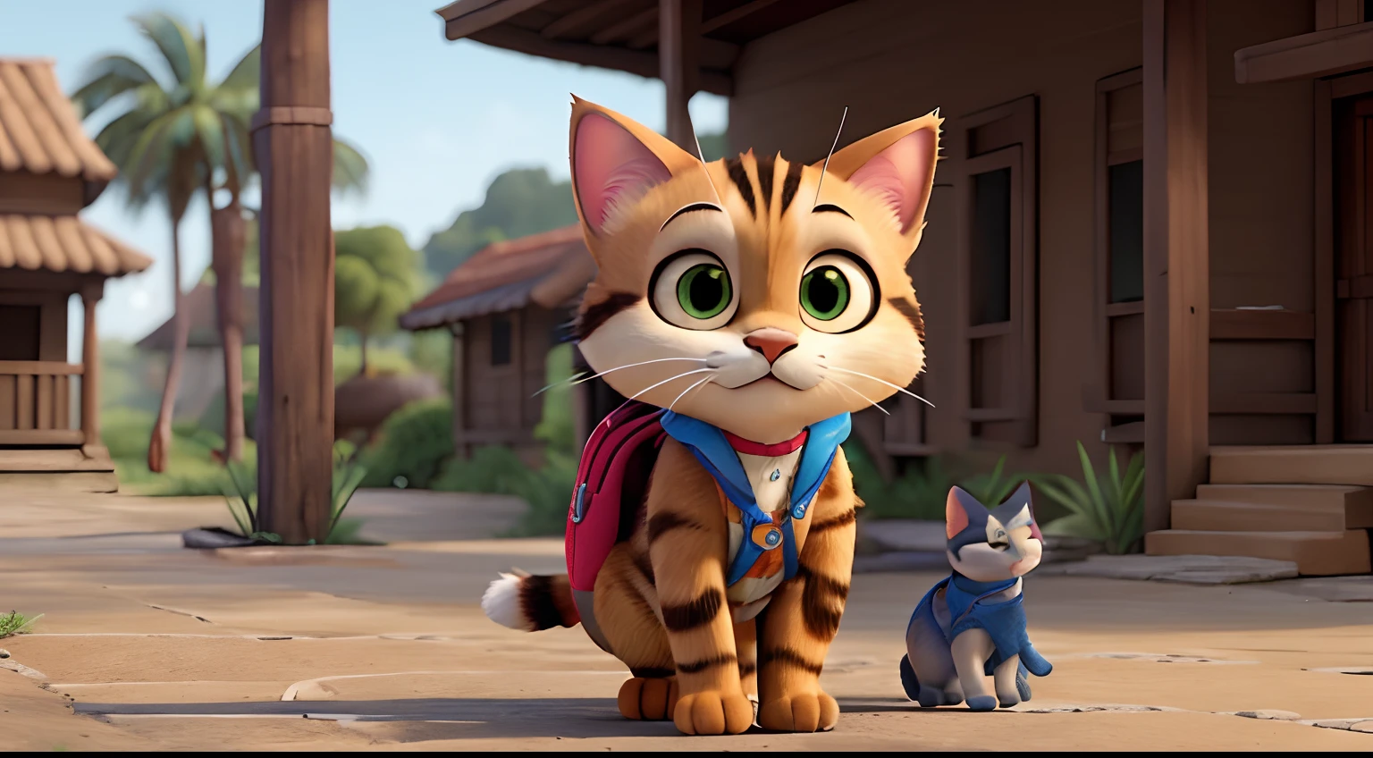 estilo pixar, um gato com calcas e camisola, mochila as costas, numa rua com flores