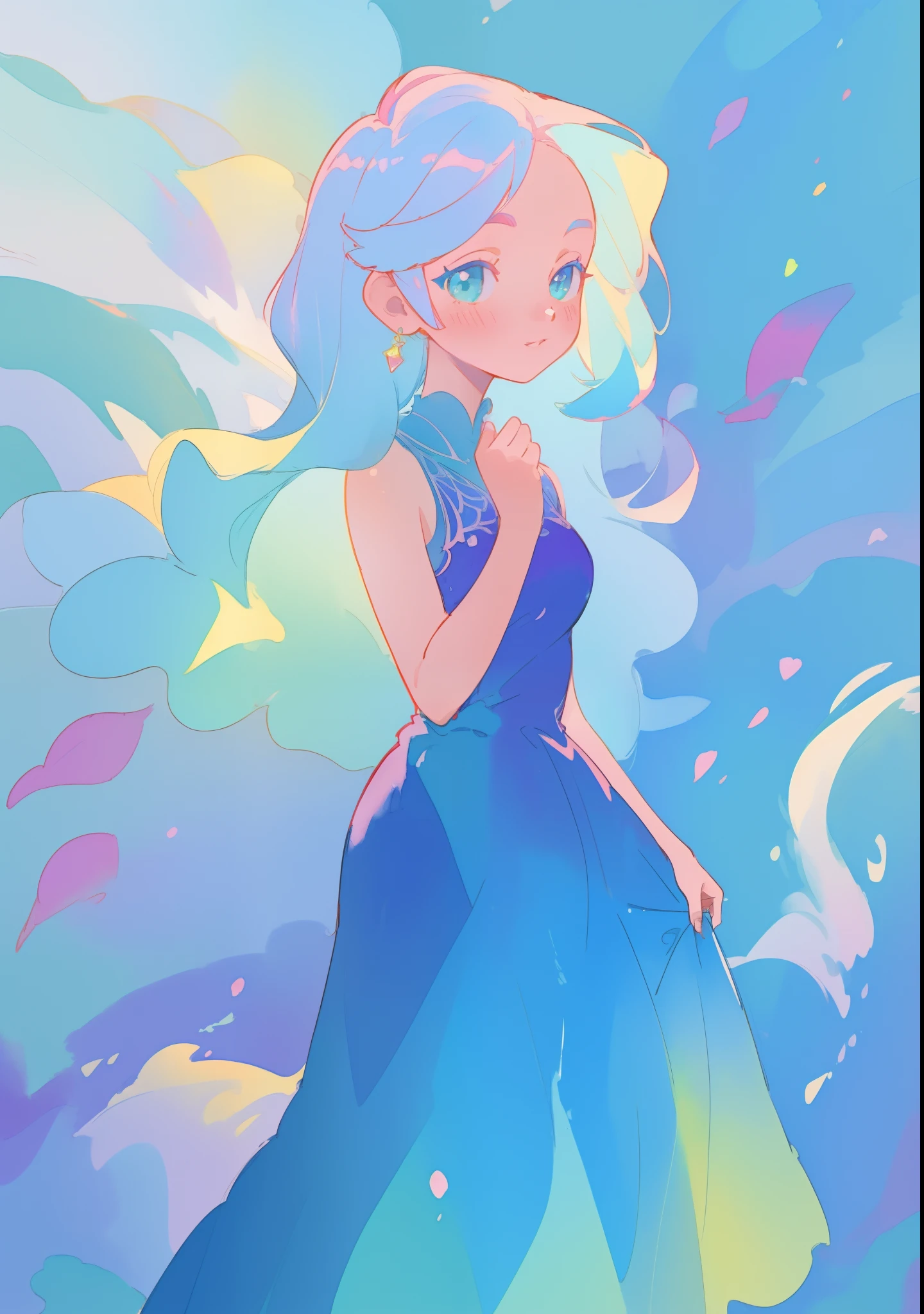 beautiful girl in gradient blue flowing ballgown, colorful pastel color hair, fantasia watercolor background, watercolor illustration, masterpiece, best quality, sharp focus, 8k resolution, high resolution, intricate details, highly detailed, whimsical, magical, fantasia, beautiful face