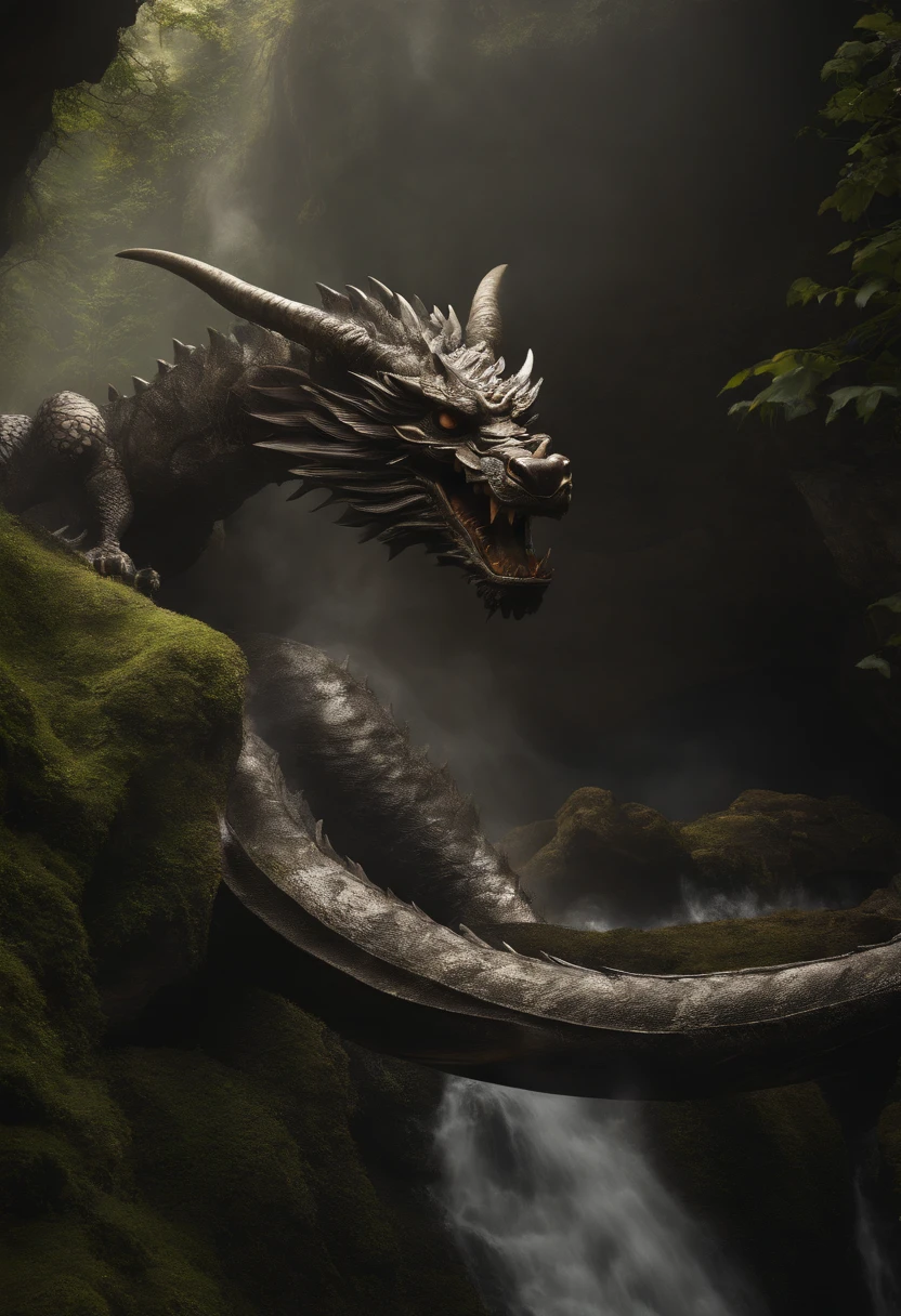 Asian-style black dragon flying in a mysterious waterfall、The black dragon's body is long and wavy like a large snake, And a jewel is held in his right hand.、He roars with magnificent horns and a beard on his head.、Cat-eared girl challenging black dragon、[objeto Objeto], (detailed facial features:1.3), (Foto RAW, 16 mil, masutepiece, best quality: 1.2), (Ultrarrealismo, Realismo ultradenso e complexo: 1.3), (Ampla profundidade de campo, Radiation Mapping, ray tracing, raios de deus: 1.2), high dynamic range, Vivid, Detalhes ricos, Sombras e realces claros, Realistic, formidable, aumento do contraste, Cat-eared girl in Japanese clothes fighting a black dragon in a mysterious waterfall、