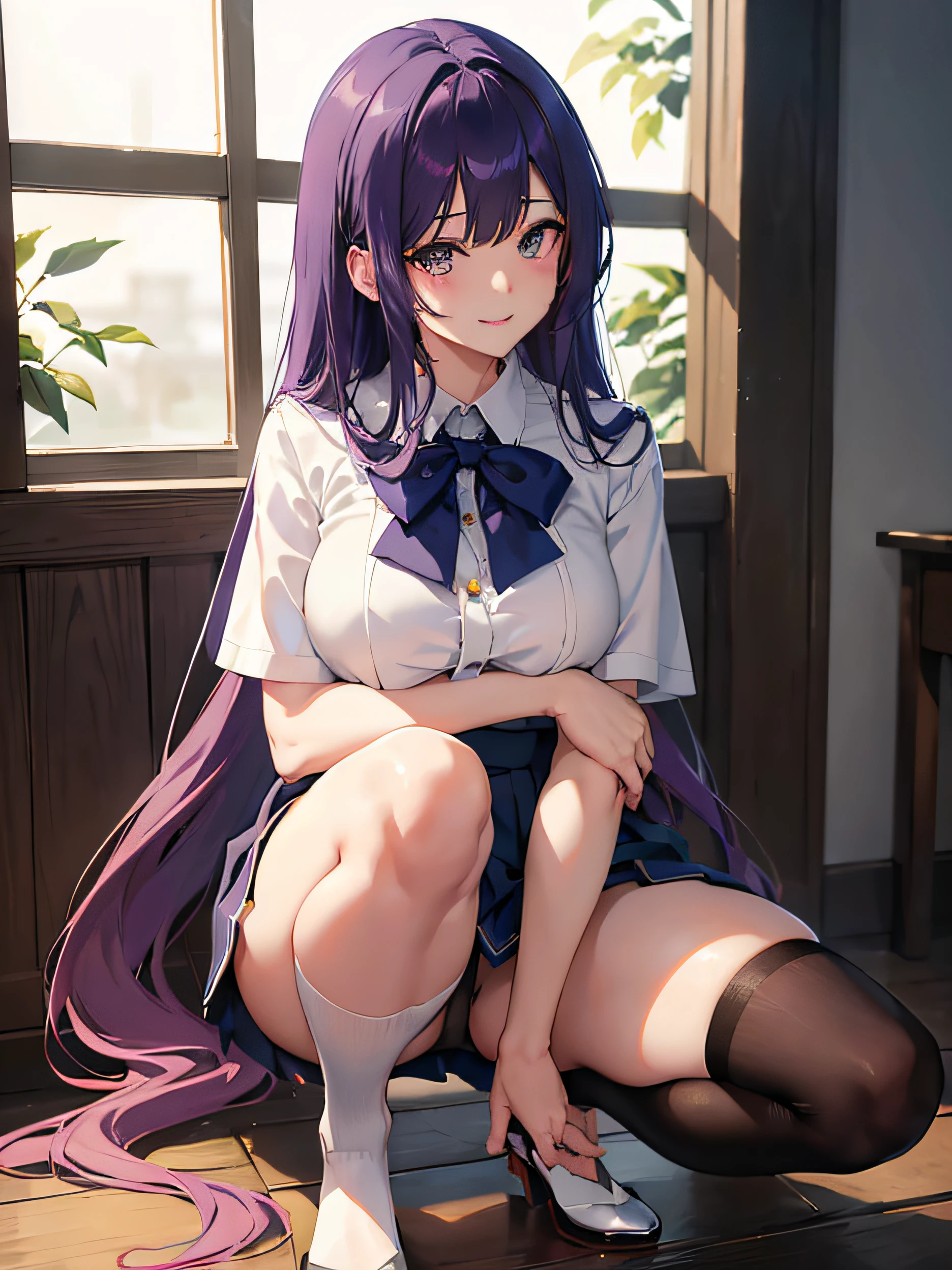 Anime girl with long purple hair in a white dress, Seductive Anime Girl, anime moe art style, oppai, marin kitagawa fanart, charming anime girls, Ilya Kuvshinov with long hair, Anime Best Girl, (Anime Girl), Ecchi anime style, Beautiful anime girl, Anime Girl, Misato Katsuragi, Ecchi, beautiful alluring anime woman, Dark blue high socks　majicMIX Real、(Raw photography:1.2)、(Photorealsitic:1.4)、The beauty of beautiful details　and delicate facial expressions、a blond、((Panties are visible))(Squatting panty shots)piercings　Lashes　beatiful detailed eyes、huge filesize、ultra-detailliert、hight resolution、Transcendent beauty　top-quality、​masterpiece、、(Japanese girls' high school uniform))、Very detailed expression　 Magnificent、finely detail、Highly detailed face movie lighting、A 23-year-old girl、front facing、((dynamicposes)))、(Sitting on legs with bent knees))、pleatedskirt、blazers、Sexy upper eyes、I'm smiling at you