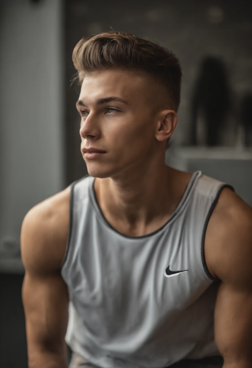 young teen twink soccer player with undercut hairstyle, he is shirtless and has skinny and fully shaved body and abs, he is standing in front of the mirror in the gym, he is wearing only long sport Nike underwear, realistic full body photo, without tatoos, horny face