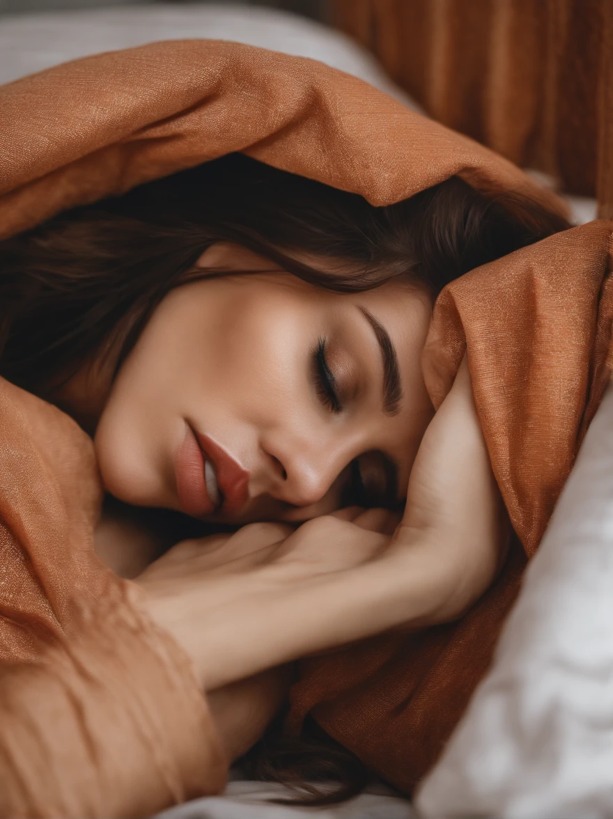 Woman with brown hair laying on the bed with covered face and she has only underwear on her