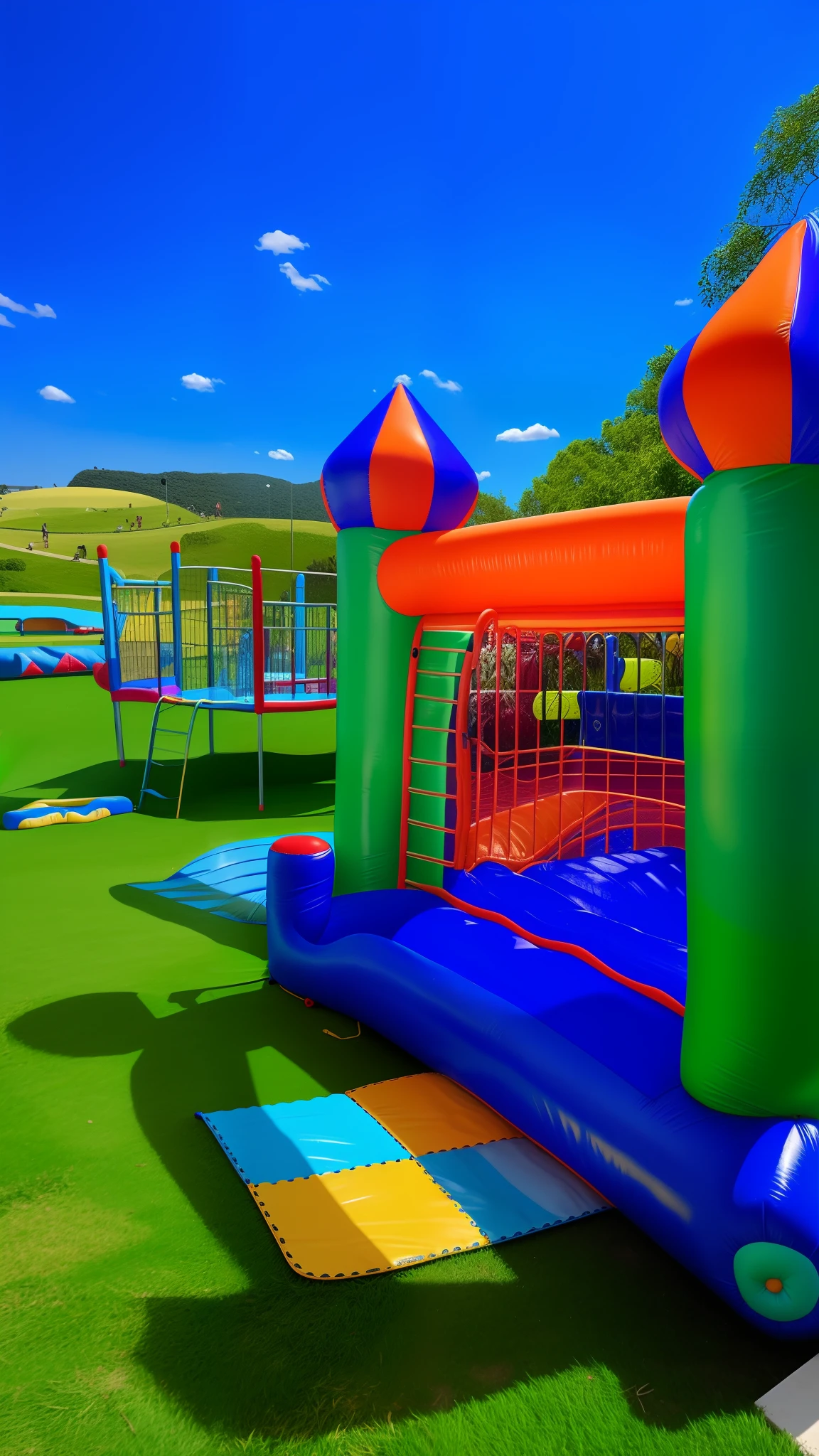There's a bouncy castle on the grass with a slide, inflatable, castle setting, Castelo da cobra gigante, divertindo-se, Centro de Actividades, vivid and detailed, vibrant setting, casa splash, deslizamento n slide, Mystical setting, Lowres, waterpark, Saltando, vibrant and vivid, ambiente ao ar livre, vivid and vibrant, Outside, kids place, parque de slides azul
