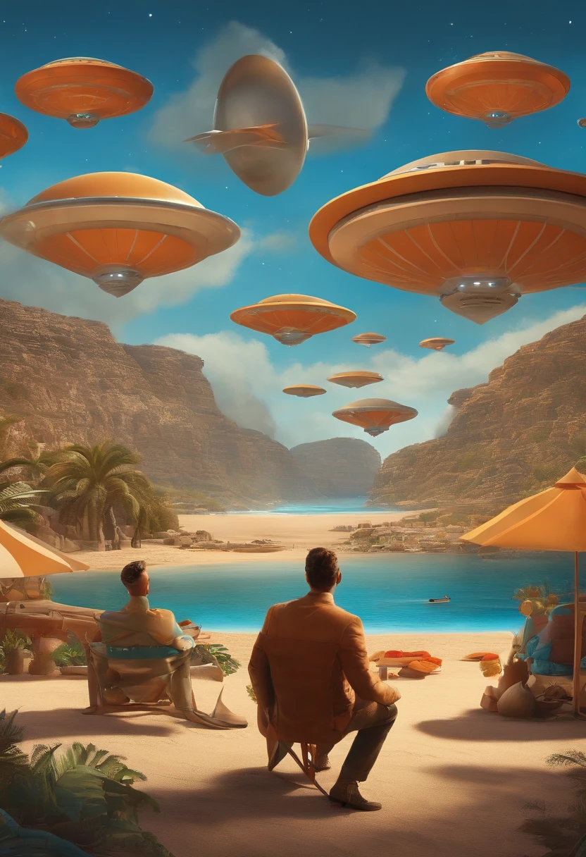 Transformar em imagem estilo Pixar,DESENHO DE UM HOMEM CARECA LOIRO ALTO, ELE USA TERNO E GRAVATA E ESTAMO MONTANDO NUM DISCO VOADOR, NEXT TO IT THERE ARE 10 FLYING SAUCERS, BUT IN ONLY TWO THEY APPEAR TWO ET LIGHTING UP FOR IT. BACKGROUND OF THE IMAGE IS A SKY OF A LANDSCAPE, AREIA CHEIA DE PAREDOROES ROCHOSOS