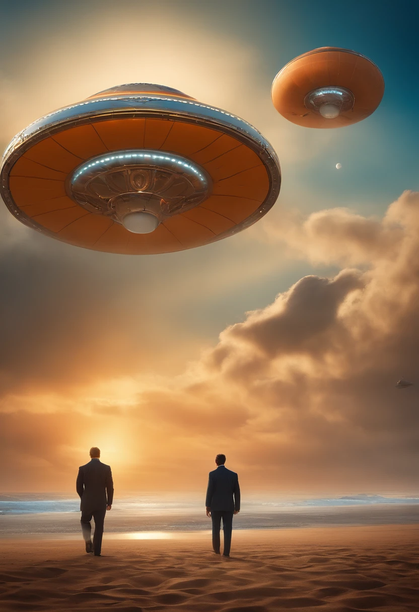 Transformar em imagem estilo Pixar,DESENHO  DE UM HOMEM CARECA LOIRO ALTO, ELE USA TERNO E GRAVATA E ESTAMO MONTANDO NUM DISCO VOADOR, NEXT TO IT THERE ARE 10 FLYING SAUCERS, BUT IN ONLY TWO THEY APPEAR TWO ET LIGHTING UP FOR IT. BACKGROUND OF THE IMAGE IS A SKY OF A LANDSCAPE, AREIA CHEIA DE PAREDOROES ROCHOSOS