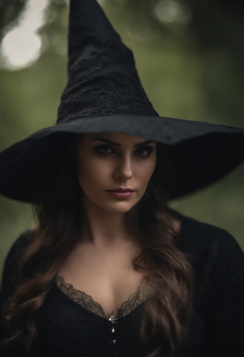 (extremely detailed 8K wallpaper), witch cosplay, sexy, low-cut, big tits, modern clothing, focus on face, highly detailed, dark clothes,
