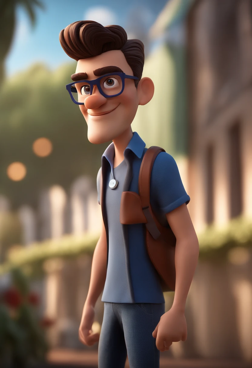 Cartoon character of a man with black glasses and a blue shirt, animation character, Caractere estilizado, animation style rendering, 3D estilizado, Arnold Maya render, 3 d render stylized, toon render keyshot, Personagem 3D, Personagem 3D, 3d rendering stylized, 3 d character render, personagem de desenho animado, Personagem de close up, Pose de personagem, (Estilo Pixar) (master part:1.2) (Bokeh) (best quality) (pele detalhada) (textura detalhada) (8k) (argila) (Cinematic lighting) (foco nítido