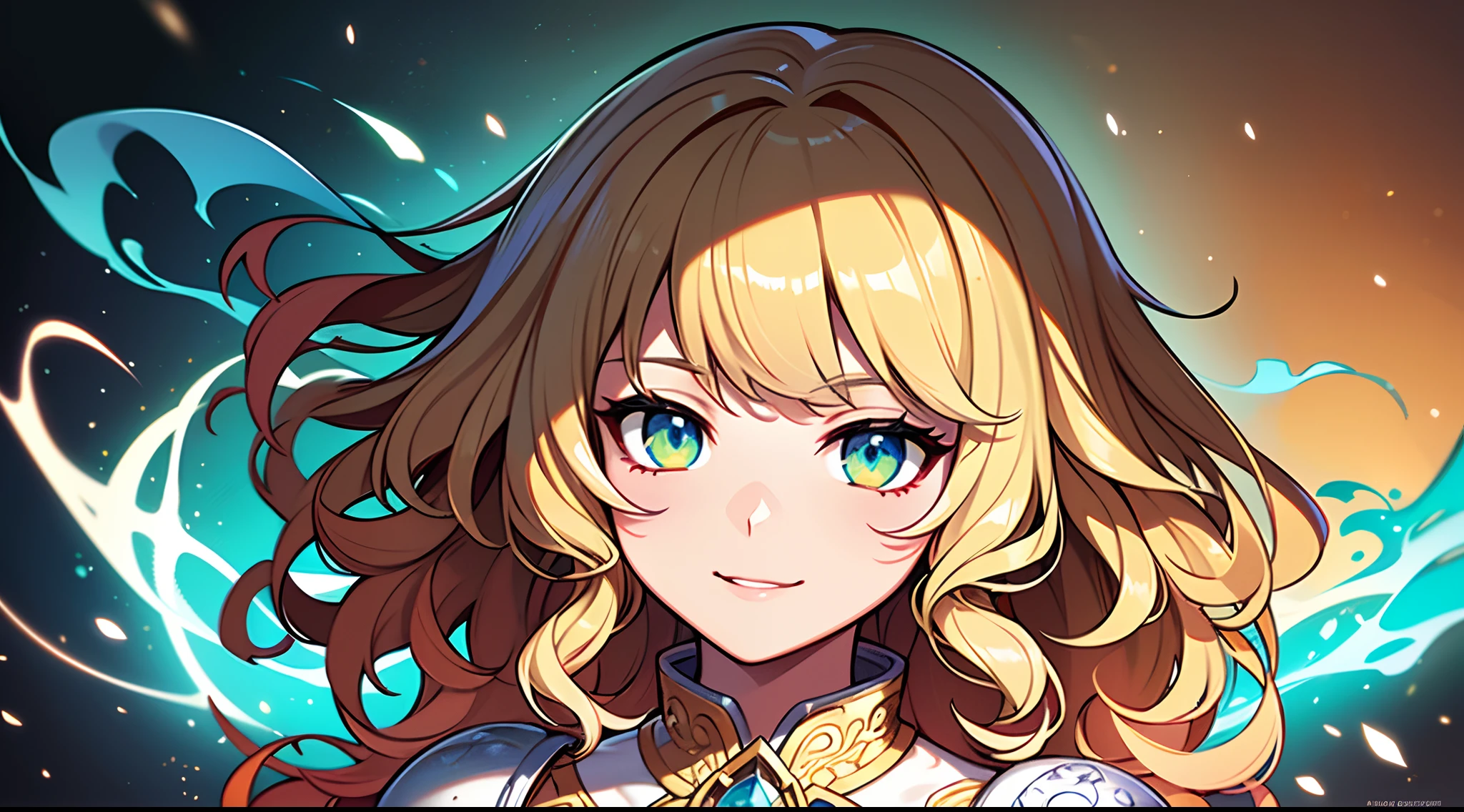 close-up head, facing camera, realistic digital painting portrait of a female human, 3r1nm0r1art72, cute smile, (wavy hair:1.1), (blonde hair:1.3), magical yellow universe, white magic cloth armour with yellow engrave in intricate details, (abstract, background:1.2), (light particle:1.1), (very detailed skin:1.2), (game concept:1.3), (elden ring style:1.3), (arcane style:0.8), (depth of field:1.3), global illumination, art by hoang lap and fuji hoko and artgerm and greg rutkowski and viktoria gavrilenko