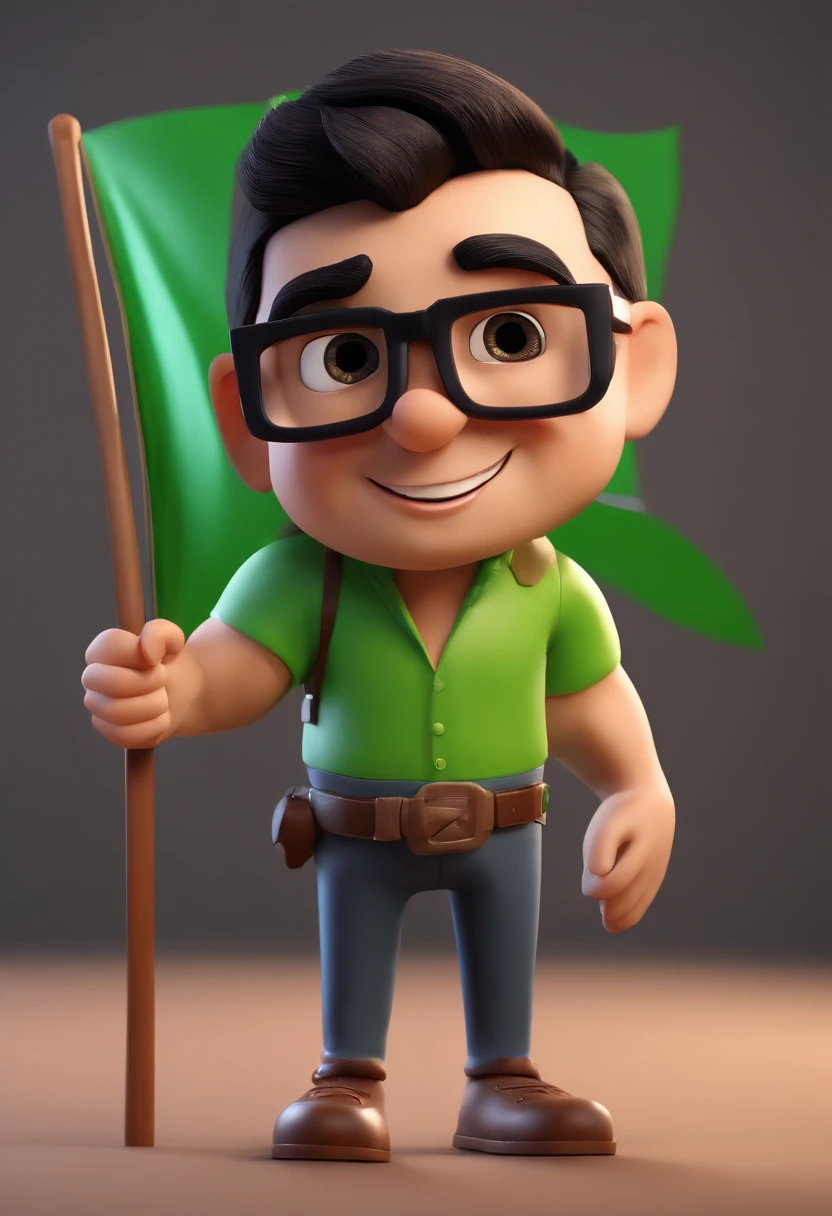 Cartoon character of a brunette man with black glasses, black hair and black beard and a green shirt holding a flag, animation character, Caractere estilizado, animation style rendering, 3D estilizado, Arnold Maya render, 3 d render stylized, toon render keyshot, Personagem 3D, Personagem 3D, 3d rendering stylized, 3 d character render, personagem de desenho animado, Personagem de close up, Pose de personagem, (Estilo Pixar) (master part:1.2) (Bokeh) (best quality) (pele detalhada) (textura detalhada) (8k) (argila) (Cinematic lighting) (foco nítido)