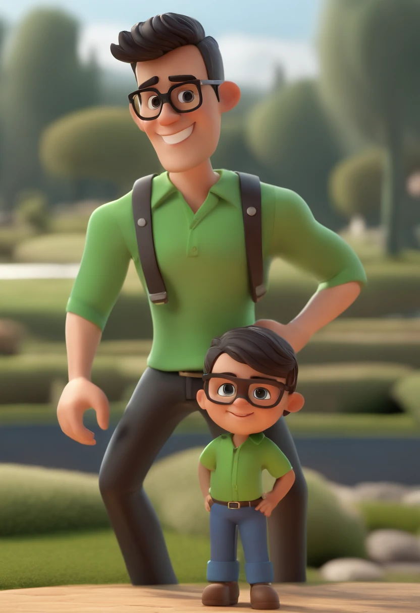 Cartoon character of a brunette man with black glasses, black hair and black beard and a green shirt holding a flag, animation character, Caractere estilizado, animation style rendering, 3D estilizado, Arnold Maya render, 3 d render stylized, toon render keyshot, Personagem 3D, Personagem 3D, 3d rendering stylized, 3 d character render, personagem de desenho animado, Personagem de close up, Pose de personagem, (Estilo Pixar) (master part:1.2) (Bokeh) (best quality) (pele detalhada) (textura detalhada) (8k) (argila) (Cinematic lighting) (foco nítido)