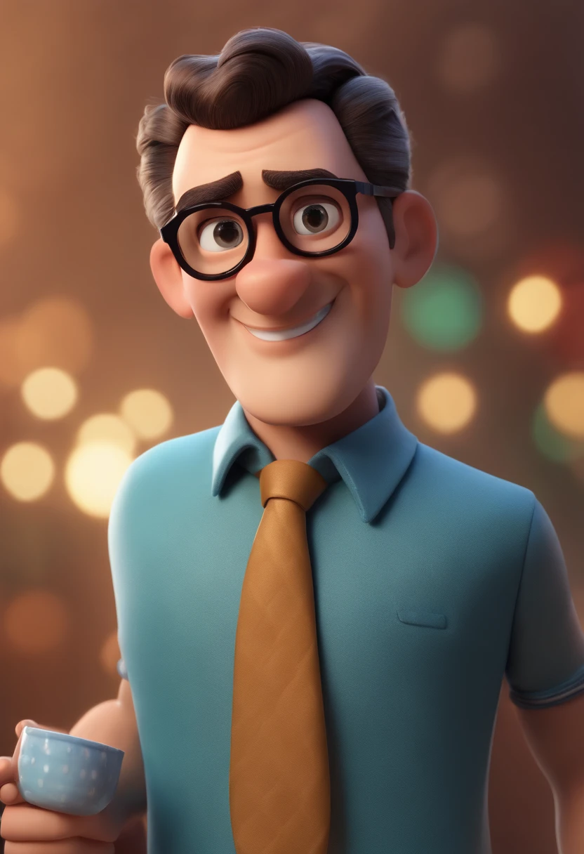 Cartoon character of a man wearing black glasses and a blue shirt, um personagem animado, Caractere estilizado, animation style rendering, 3D estilizado, Arnold Maya render, 3 d render stylized, toon render keyshot, Personagem 3D, Personagem 3D, 3d rendering stylized, 3 d character render, personagem de desenho animado, Personagem de close up, Pose de personagem, (Estilo Pixar) (master part:1.2) (Bokeh) (best quality) (pele detalhada) (textura detalhada) (8k) (argila) (Cinematic lighting) (foco nítido,Senta e vaza a parte superior do corpo