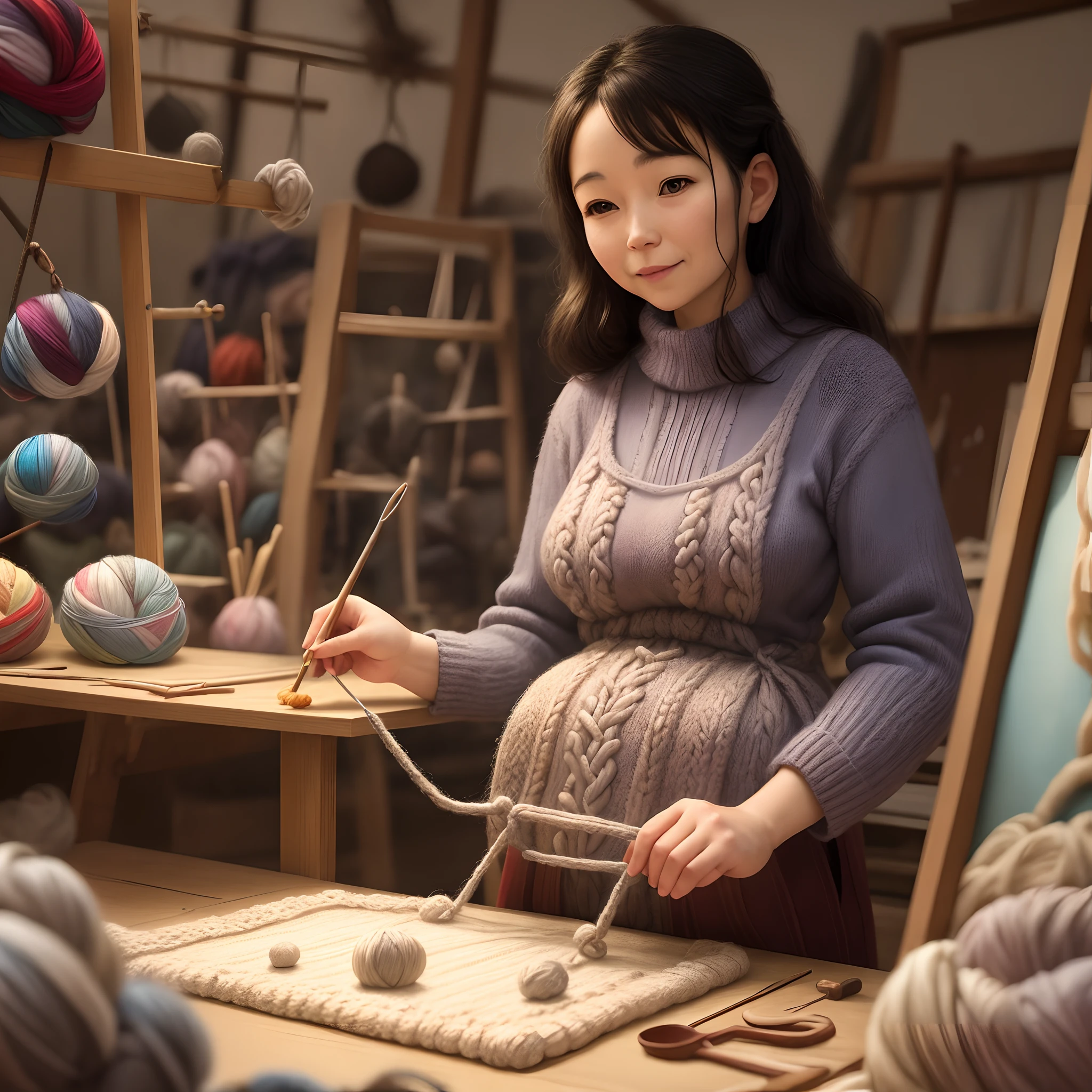 Artisan woman creating knitting pieces in her pixar style atelier