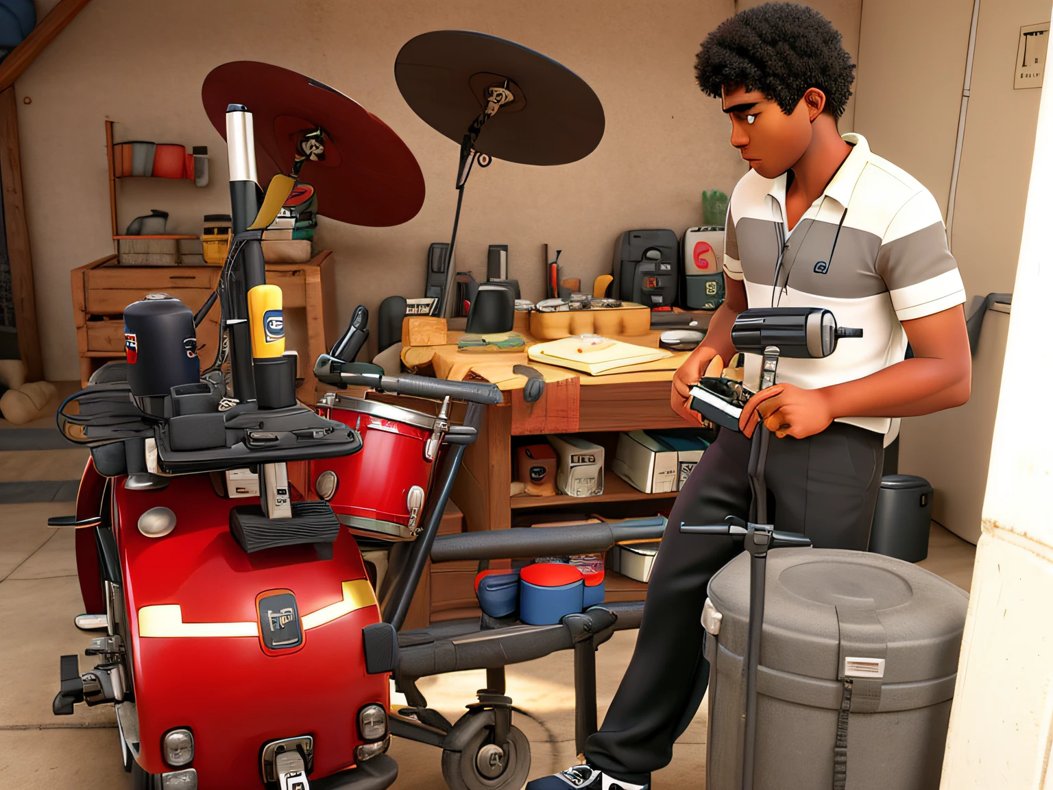 Homem negro, sentado em um banquinho, With the battery in front of him, tocando bateria na garagem