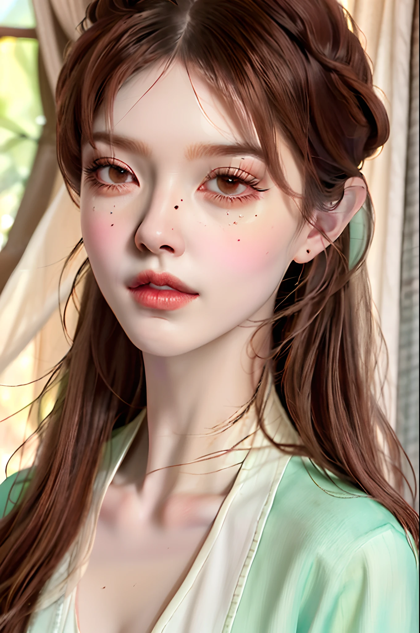 woman in her 20s, light brown skin, waist length dark auburn wavy hair, curtain bangs, lilac almond eyes, double eyelids, narrow face, long face, defined cheekbones, defined chin, arched eyebrows, straight nose bridge, small nose, defined jawline, plump light pink lips, wearing a plain white medieval fantasy gown with long sleeves, 80s anime art style