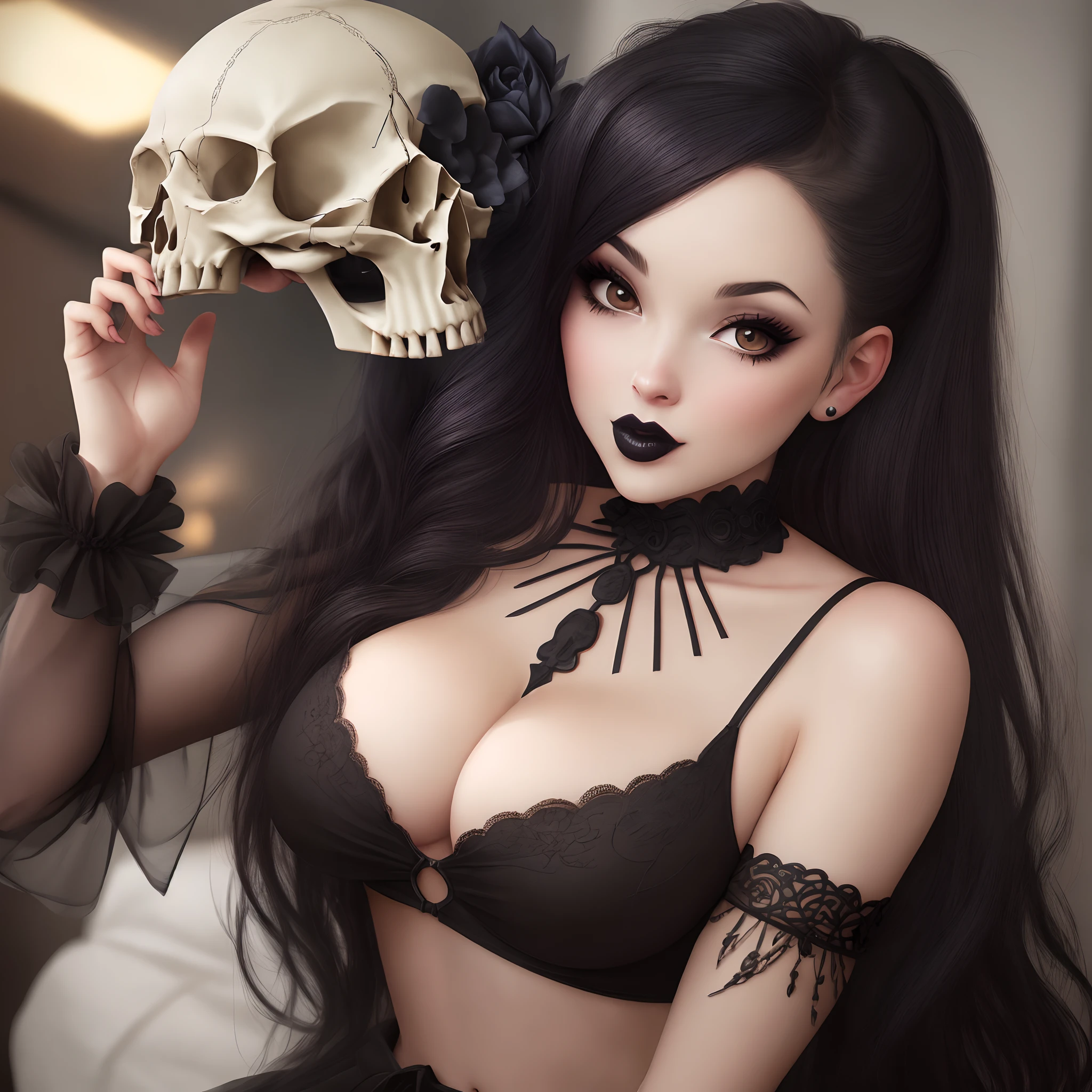 Sexy goth girl, kissing a skull