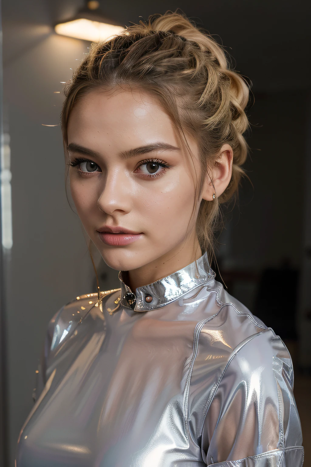 beautiful and very pretty, young schoolgirl in shiny transparent latex blouse, Latex blouse buttoned up, Latex blouse durchsichtig, verspielt, sanft, sehr vollbusig, schlanke Taile, detailiertes perfektes Gesicht, pretty platine blonde light hair, glatte Haare, gepflegt, adrett, very hot, sehr sexy, smooth, shiny skin. pretty makeup, sexy gestylt, very pretty model, sehr jung. Cute Space Buns. helles Licht. Masterpiece. professionelles Foto.