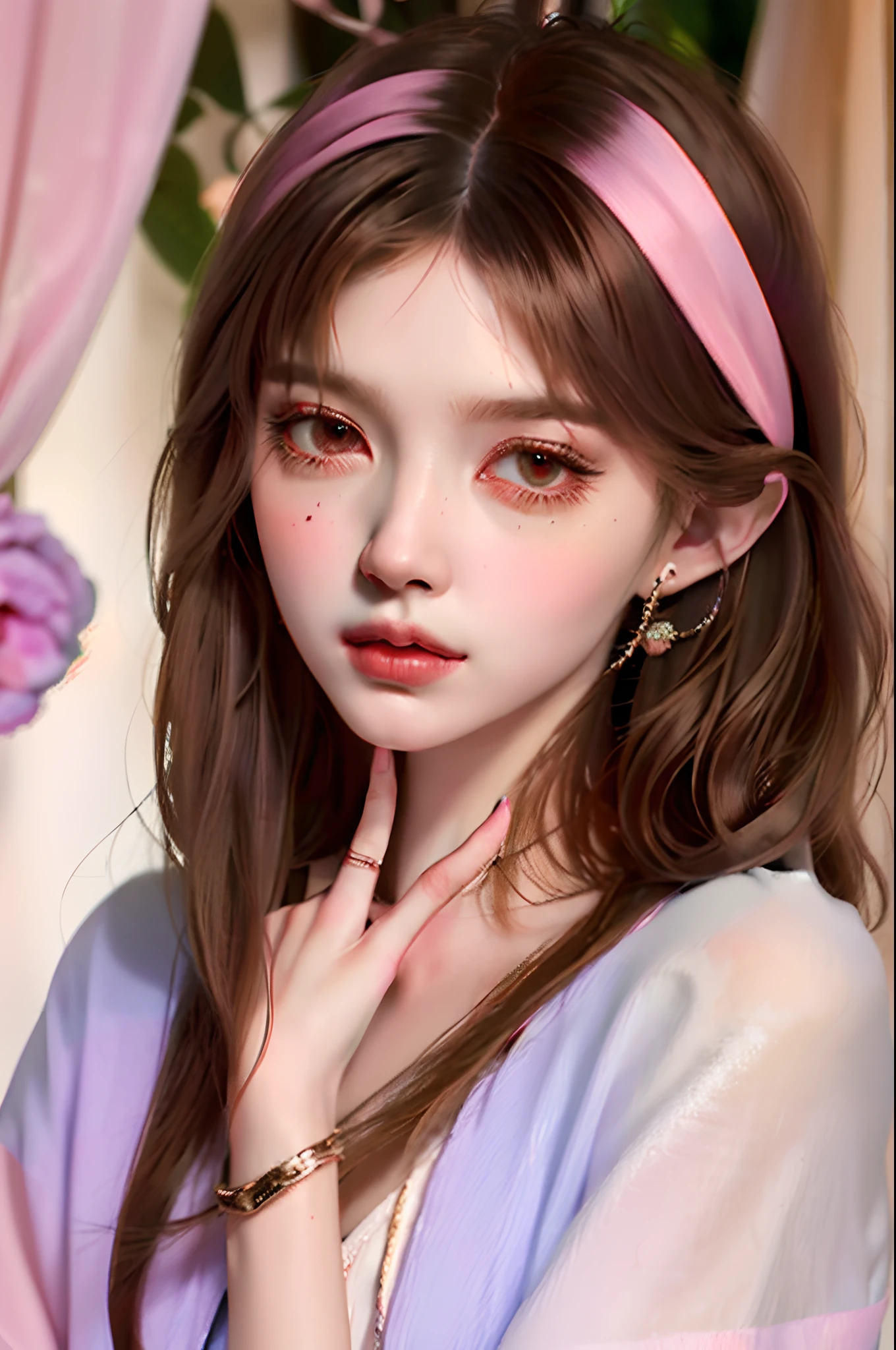 woman in her 20s, light brown skin, waist length dark auburn wavy hair, curtain bangs, lilac almond eyes, double eyelids, narrow face, long face, defined cheekbones, defined chin, arched eyebrows, straight nose bridge, small nose, defined jawline, plump light pink lips, wearing a plain white medieval fantasy gown with long sleeves, 80s anime art style