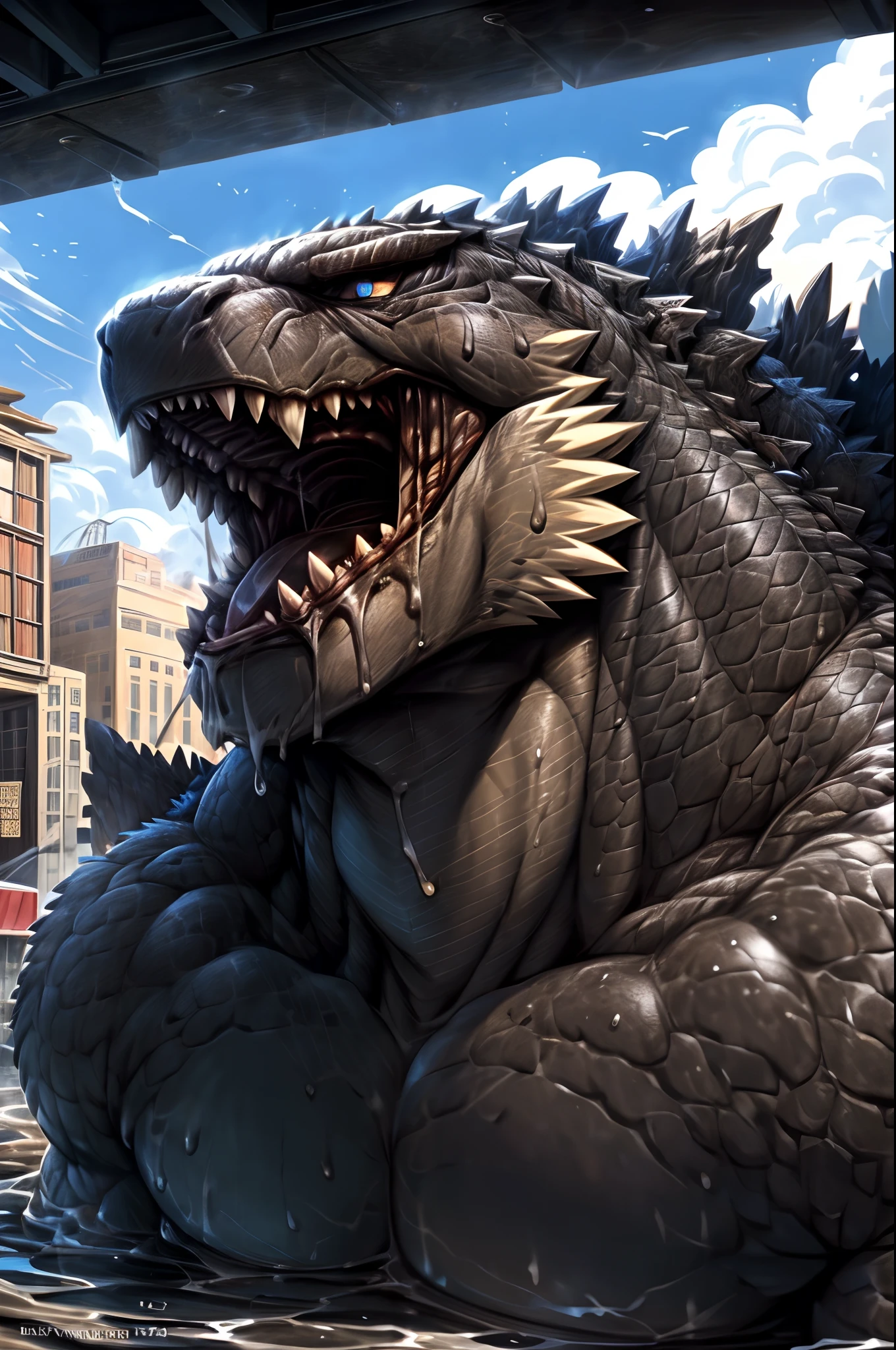 ((Head) close-up):1, godzillaxp, adult, mature, flat stomach, tall:1, (godzilla proportions):0.5, vascular veins, dragon tail, topless, ultradetailed, (by wfa:1), (by takemoto_arashi, by vorusuarts, by Traver009:1, by grimfaust:1), natural lighting (city background), (sweat:1.4, wet:1.6), (lots of sweat flowing down) exhausted, dragon head ((open:1 eyes, detailed):1.2), open mouth (steaming breath:1.2, drooling, dripping saliva, thick drool) tongue sticking out, (serious:1.4) expression), in pain