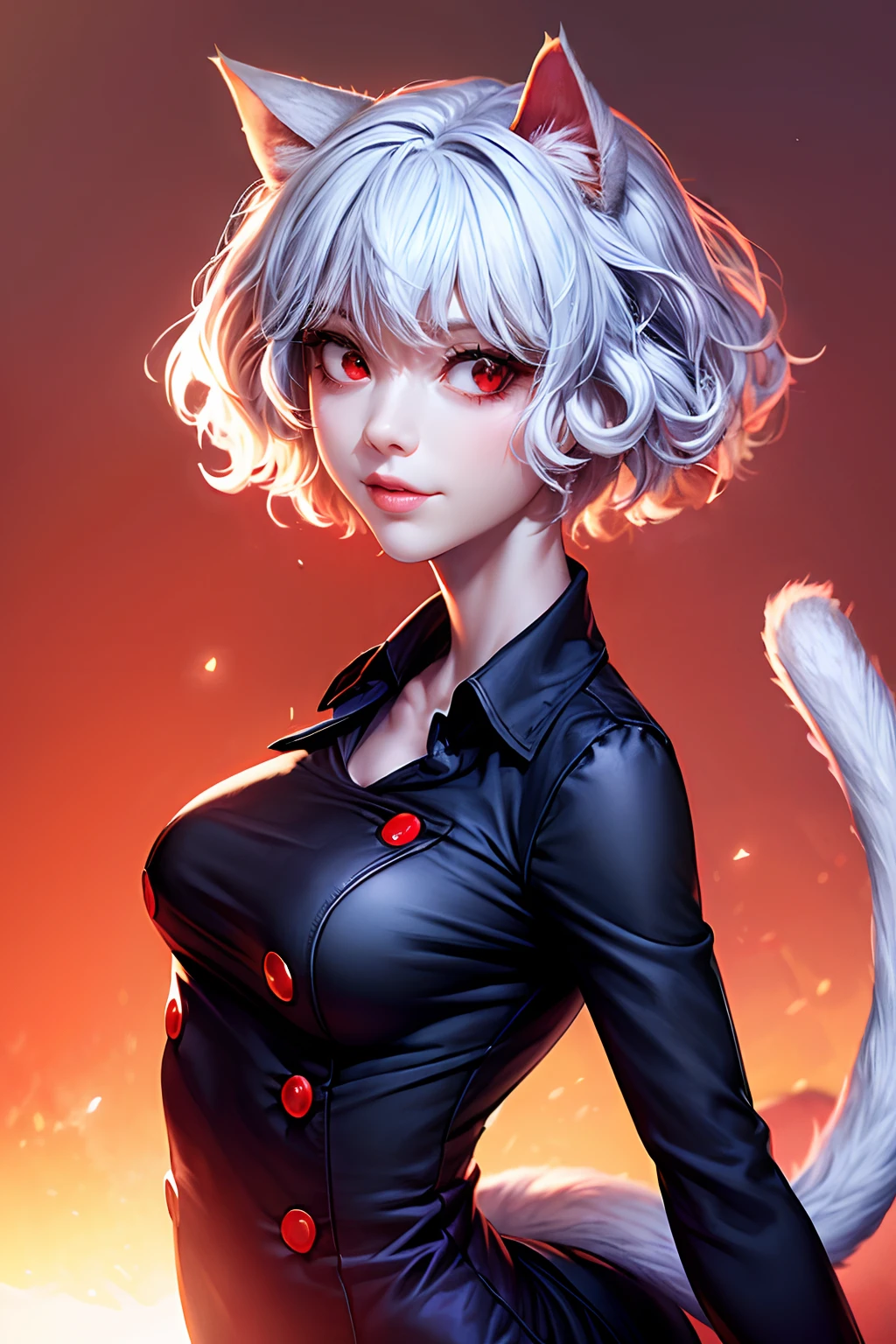 neferpitou, short hair, (red eyes:1.5), animal ears, hair between eyes, tail, white hair, cat ears, cat tail, cat girl, curly hair, blue shirt, medium size breast, cute smile