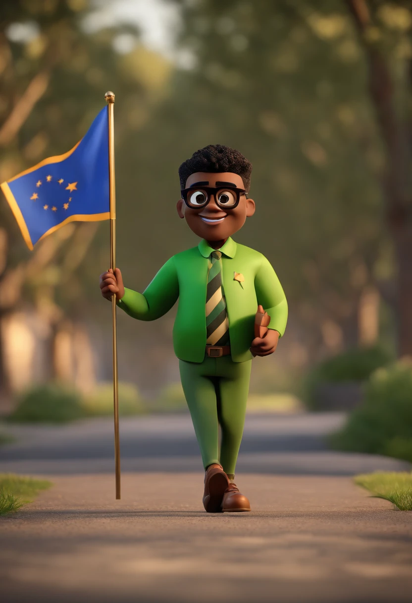 Cartoon character of a black man with black glasses, black hair and black beard and a green shirt holding a flag, animation character, Caractere estilizado, animation style rendering, 3D estilizado, 3 d render stylized, toon render keyshot, Personagem 3D, Personagem 3D, 3d rendering stylized, 3 d character render, personagem de desenho animado, Personagem de close up, Pose de personagem, (Estilo Pixar) (master part:1.2) (Bokeh) (melhor qualidade) (pele detalhada) (textura detalhada) (8k) (argila) (Cinematic lighting) (foco nítido)
