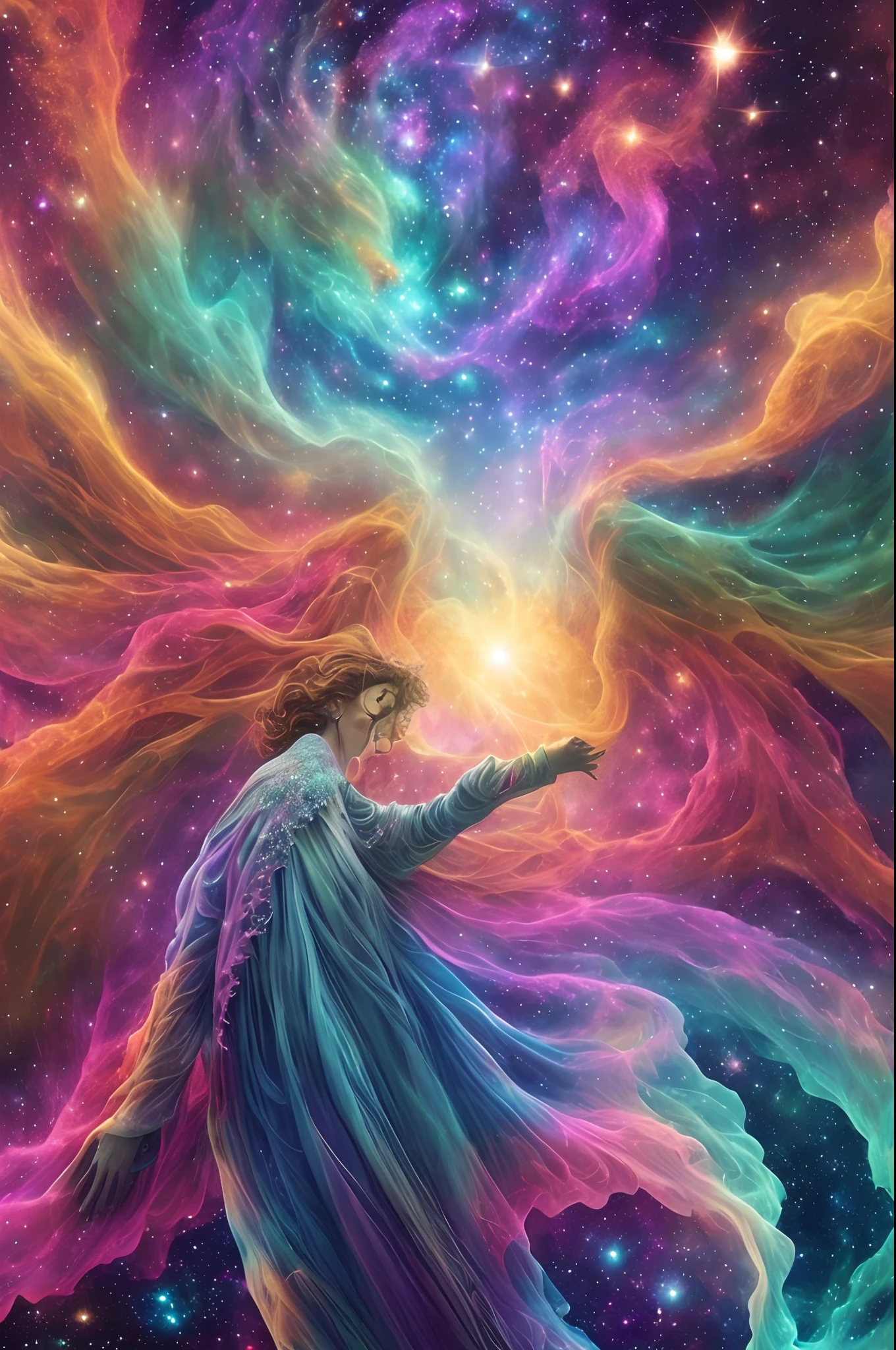 A scene in which a figure emerges from an unimaginably spectacular cloud of starlight、Fractal nebula line、cosmic entity、a heavenly being、kosmos、vibrant and vivid、Starlight Vortex、Revolutions、Not real、hight contrast、symbiosis、magia、mistic、mistic、Surreal、Supersaturation、Colorful　Gods