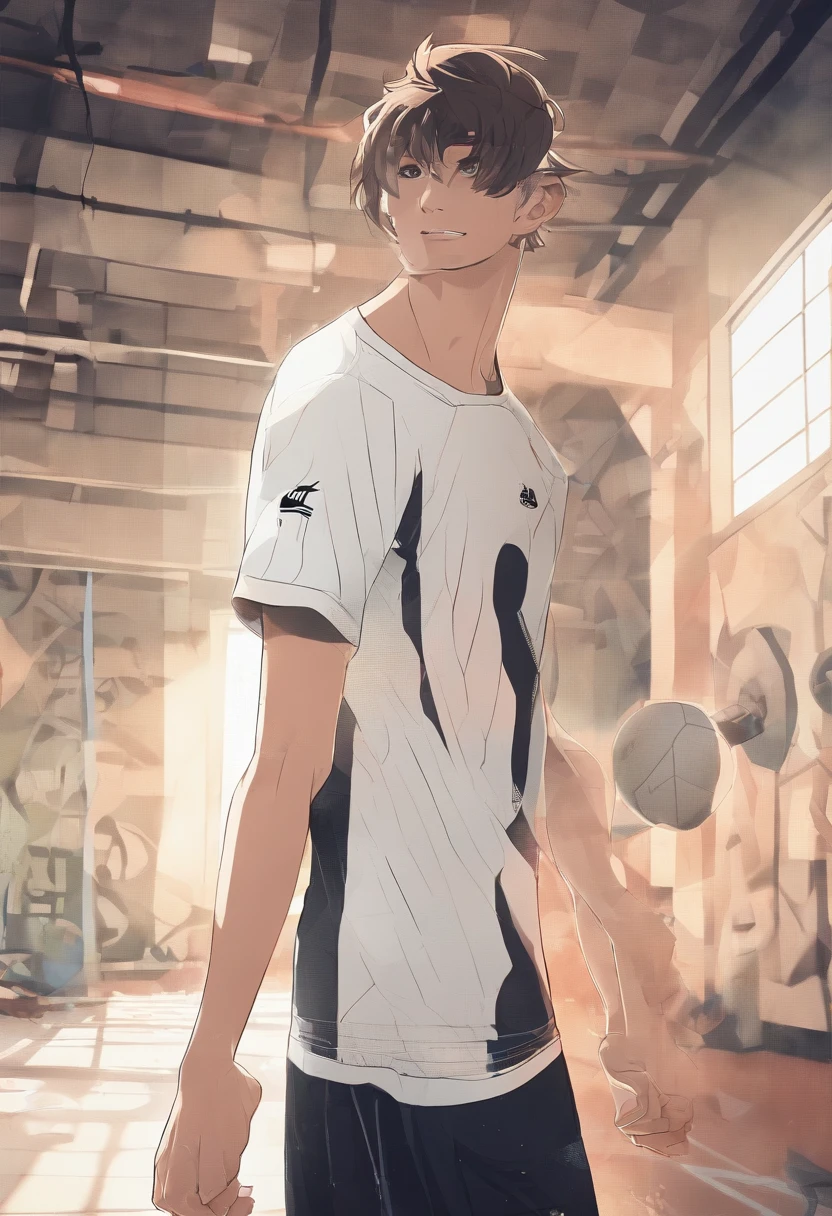 young teen twink soccer player with undercut hairstyle, he is shirtless and has skinny and fully shaved body and abs, he is standing in the gym, he is wearing only long sport Nike underwear, realistic full body photo,