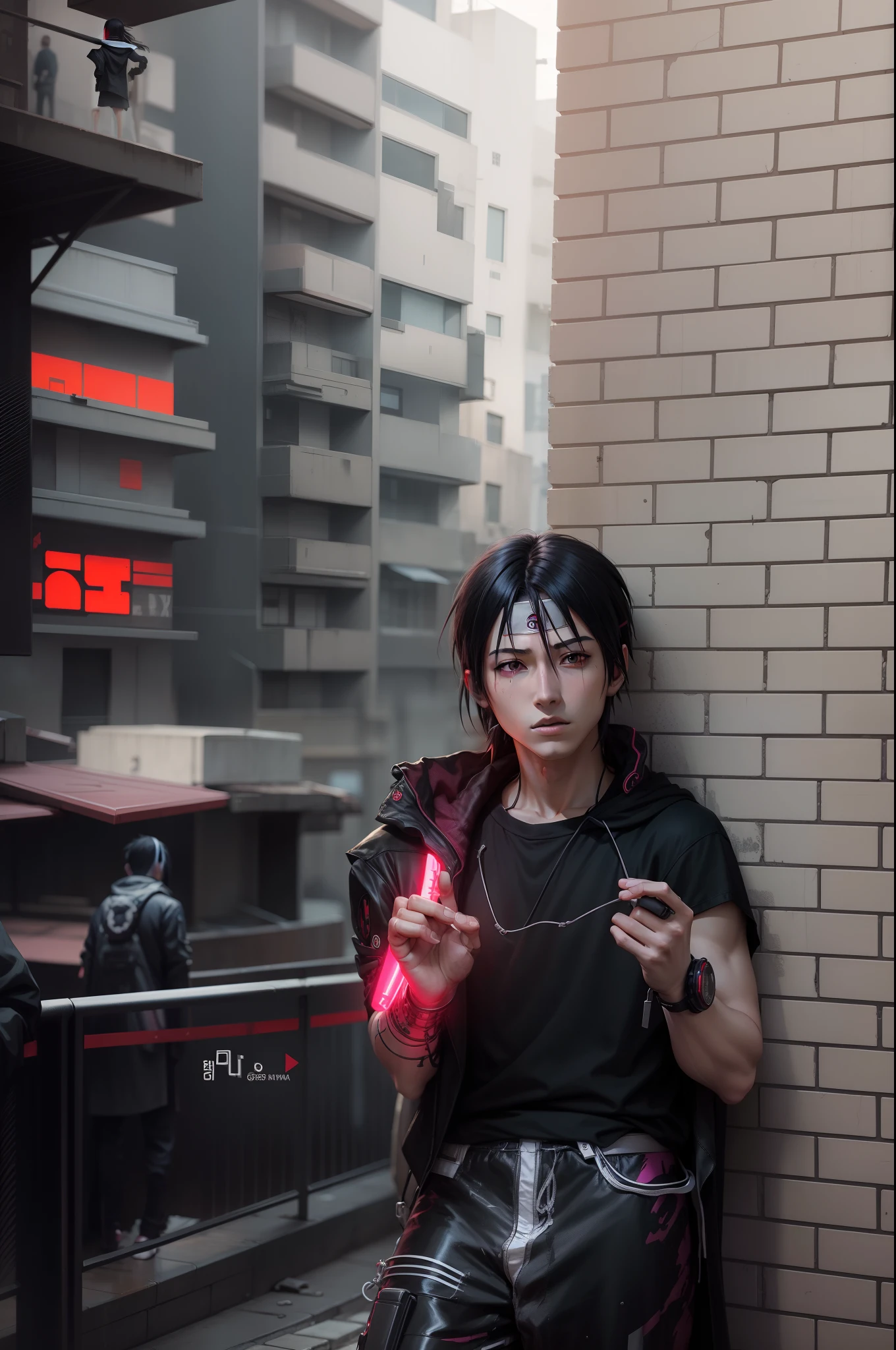 1 boy, uchiha itachi from naruto anime, anime style, cyberpunk style, black clothes, cyberpunk --q 0.25